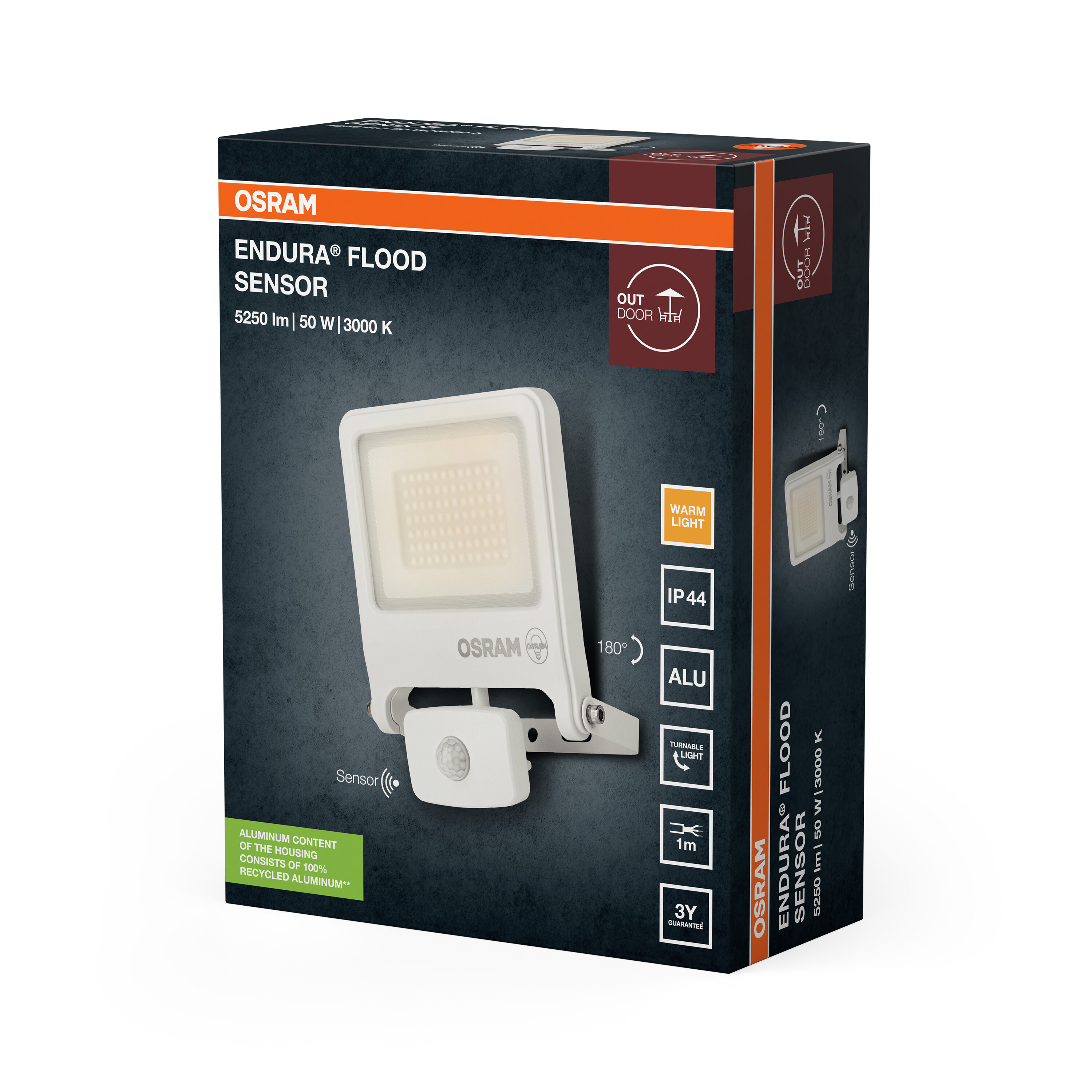 Osram Endura Flood Sensor kültéri LED lámpa doboza technikai adatokkal és termékképpel.