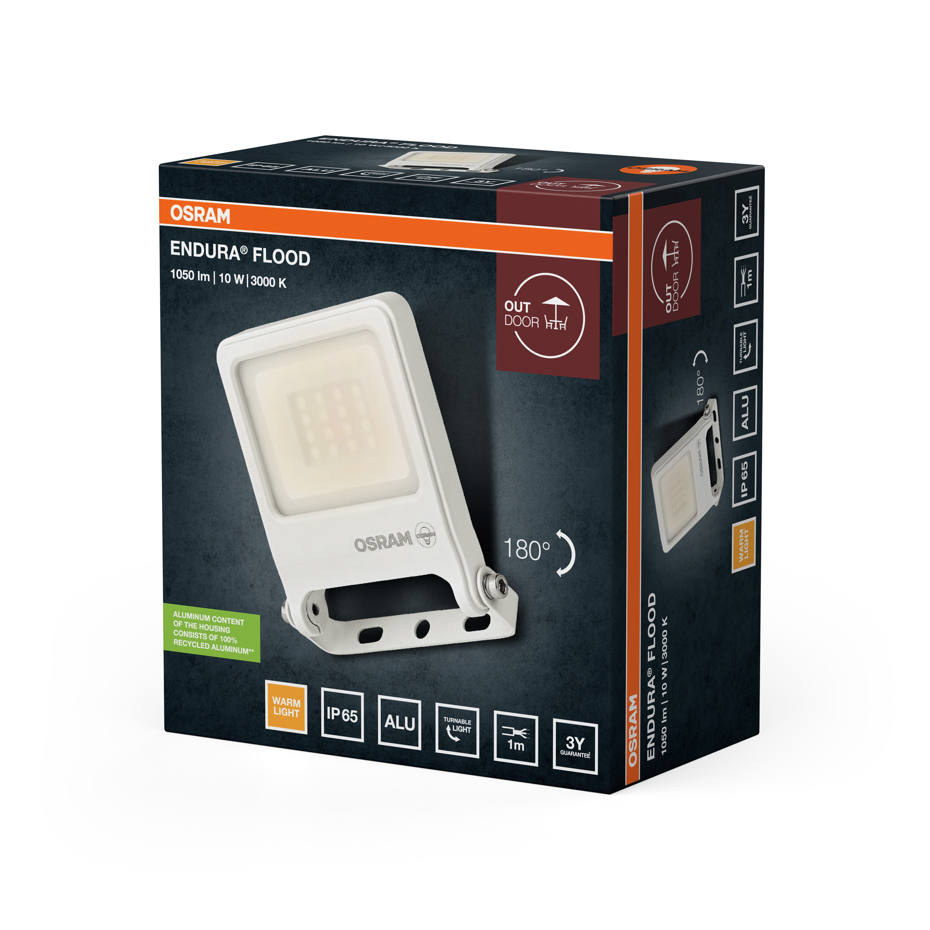 Osram Endura Flood fehér LED-es fényvető a termék csomagolásán.