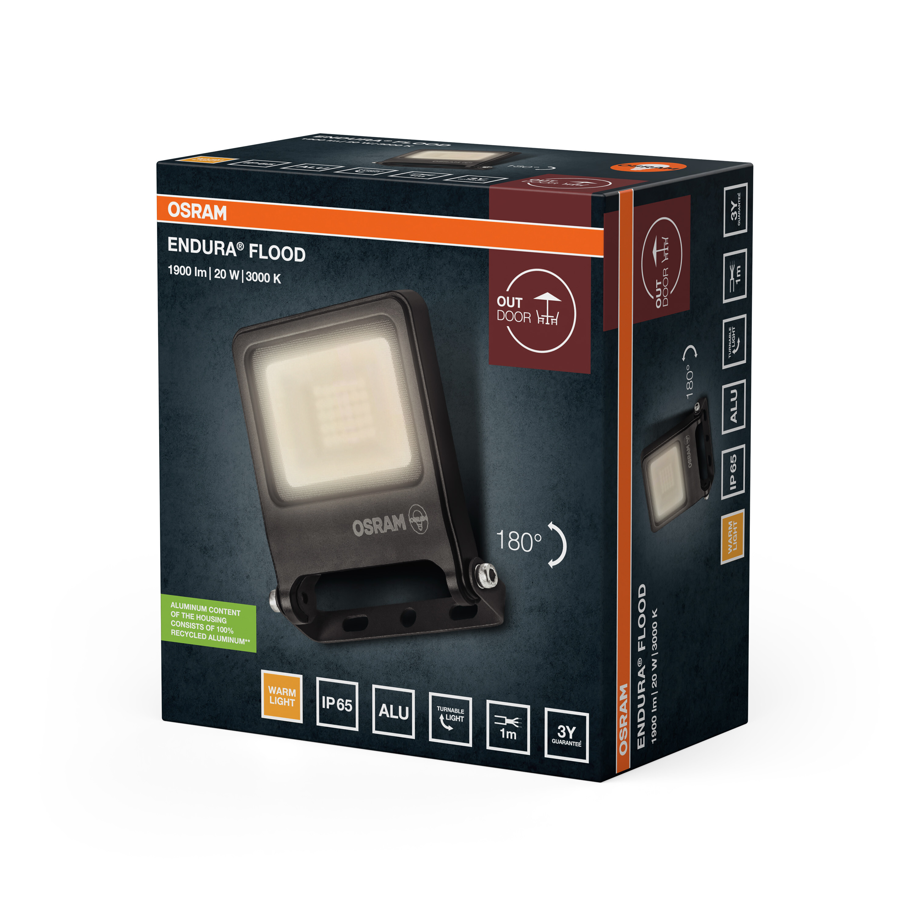 Osram Endura Flood kültéri lámpa termékdoboz lámpaképpel és technikai adatokkal.
