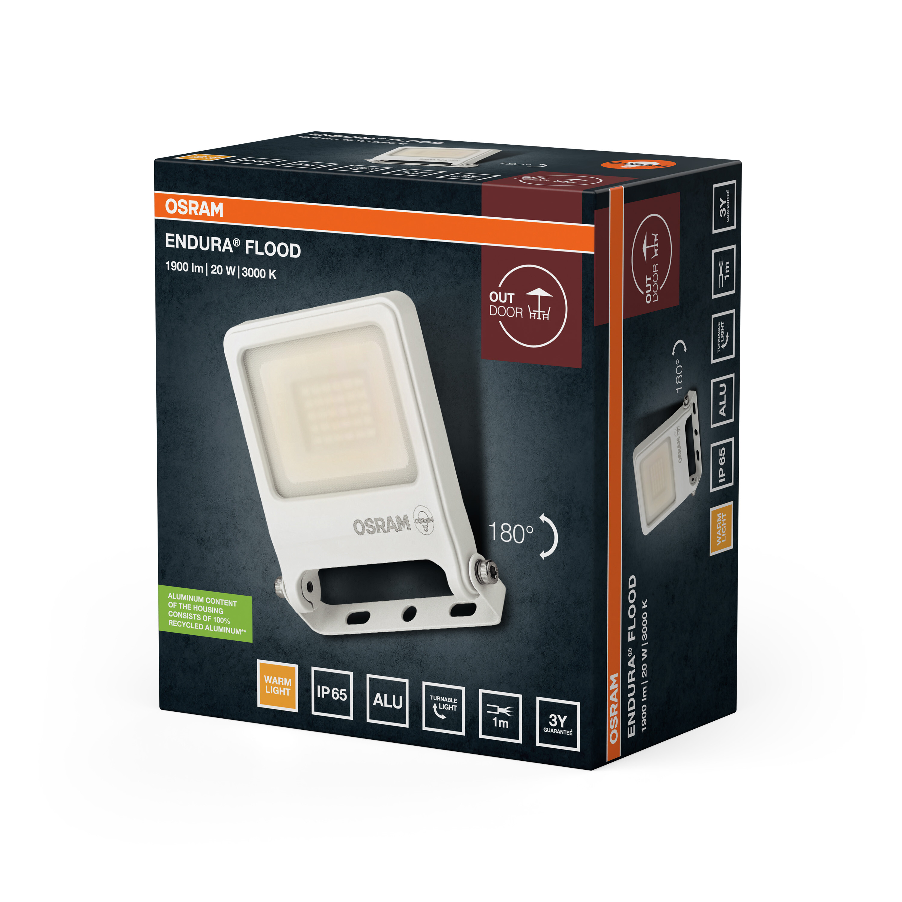 Csomagolás a fehér OSRAM Endura Flood LED reflektorhoz, műszaki adatokkal.