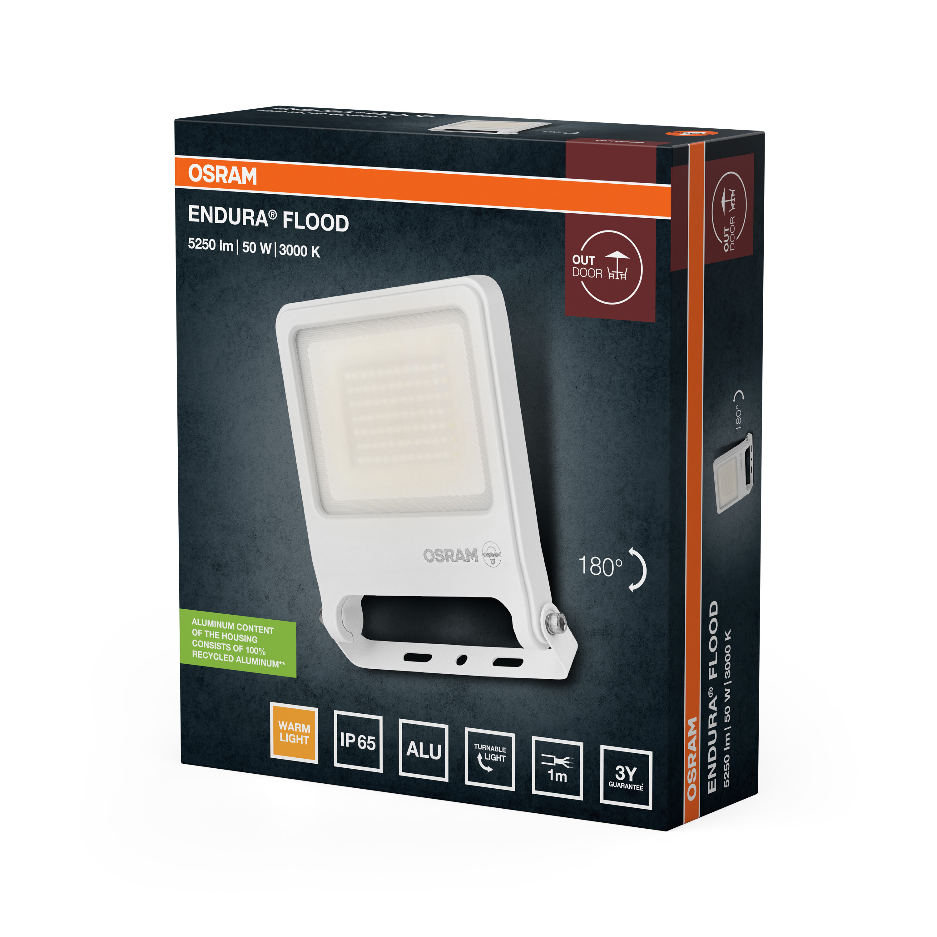 Egy fehér Osram Endura Flood LED reflektor termékdoboza műszaki adatokkal.