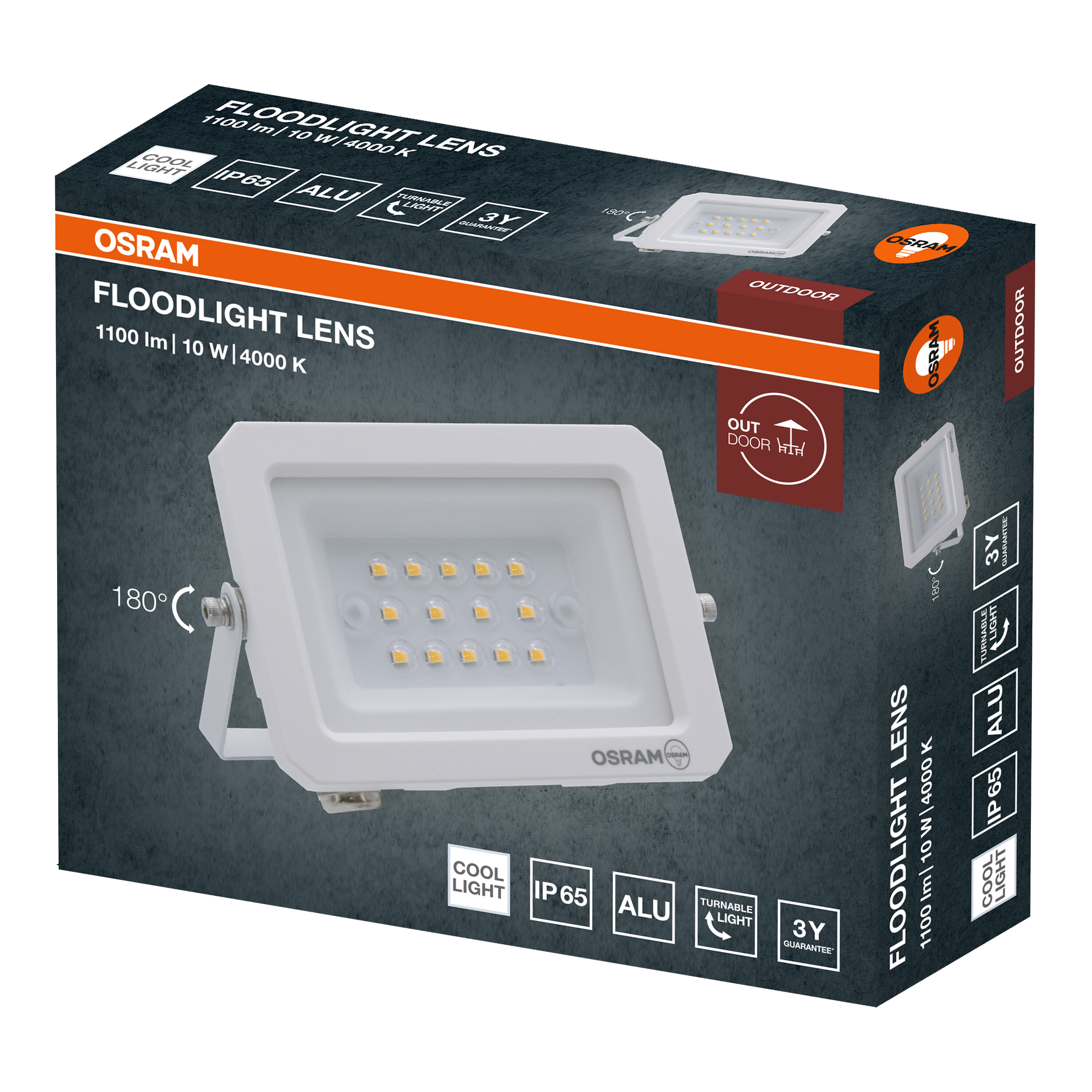 Osram Floodlight Lens csomagolás fehér kültéri LED lámpával, adatokkal és ikonokkal.