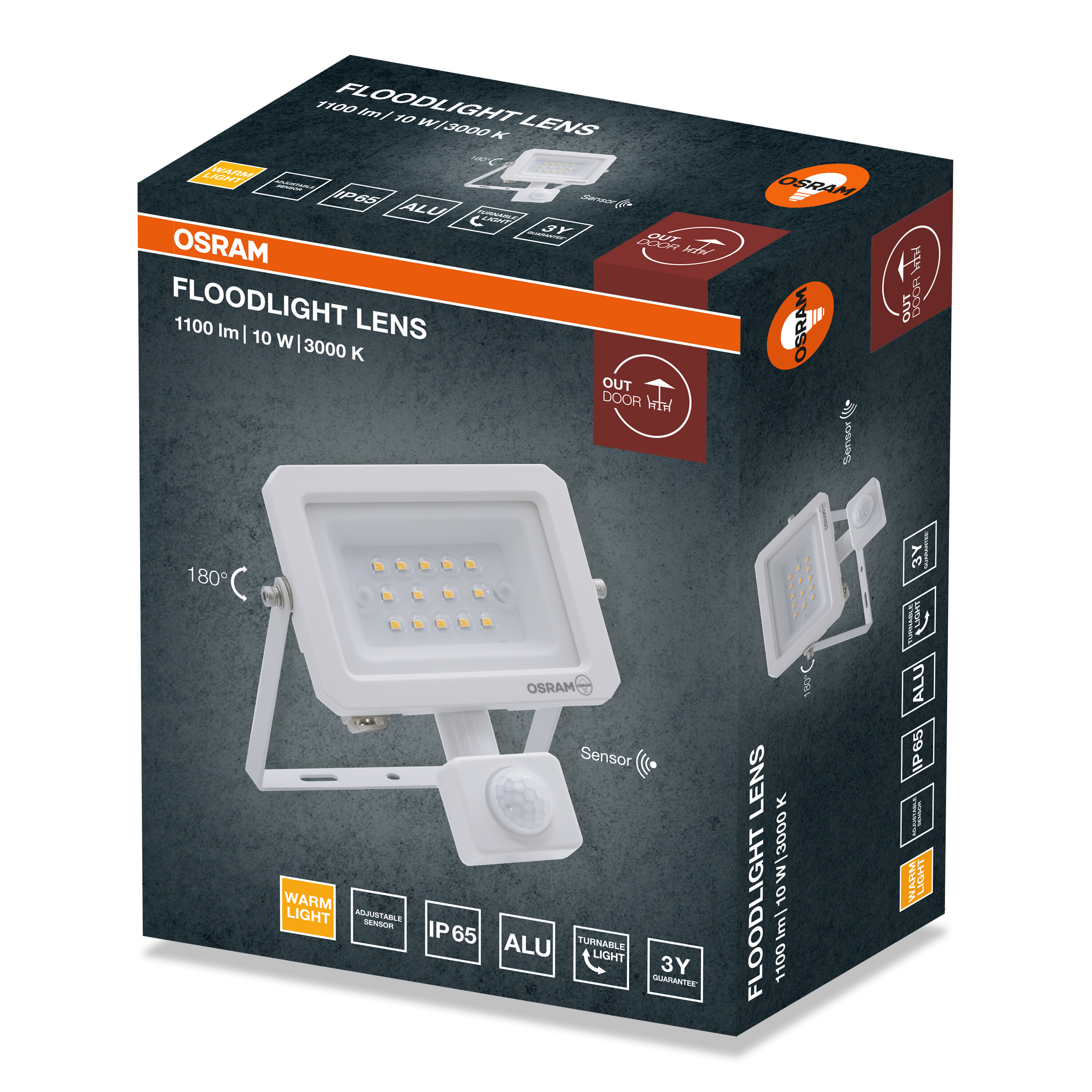 Osram Floodlight Lens termékdoboz fehér LED reflektorral és érzékelővel sötét háttér előtt.