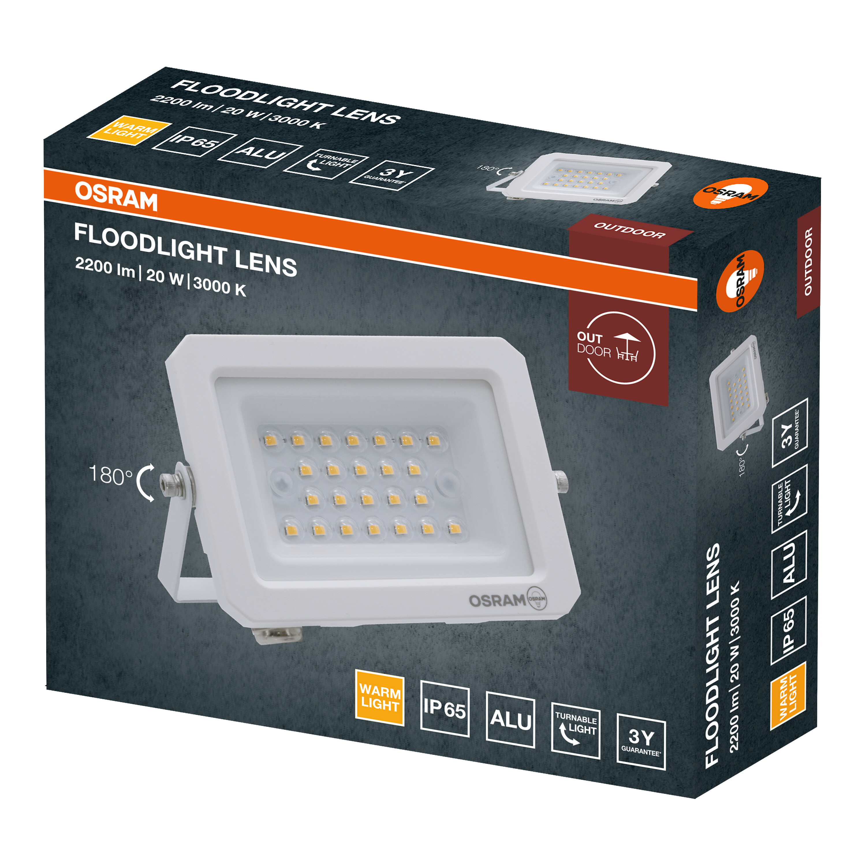 Fehér Osram LED fényvető csomagolása termékadatokkal és ikonokkal.