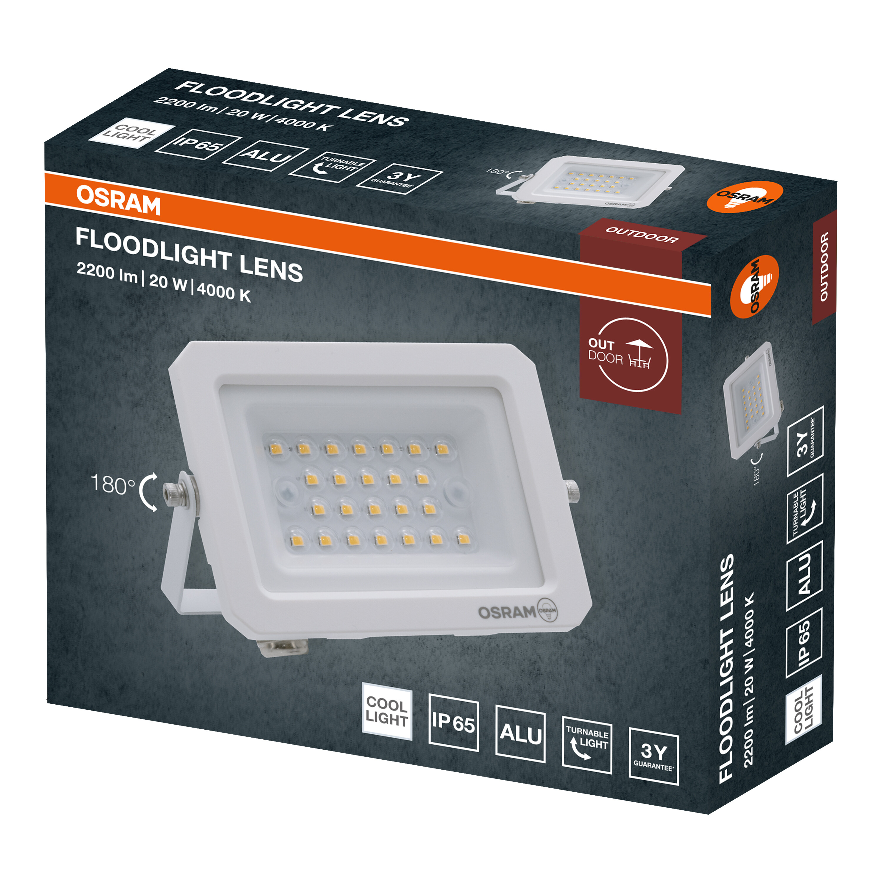 Osram LED projektor termékcsomagolása műszaki adatokkal és ikonokkal sötét háttér előtt.
