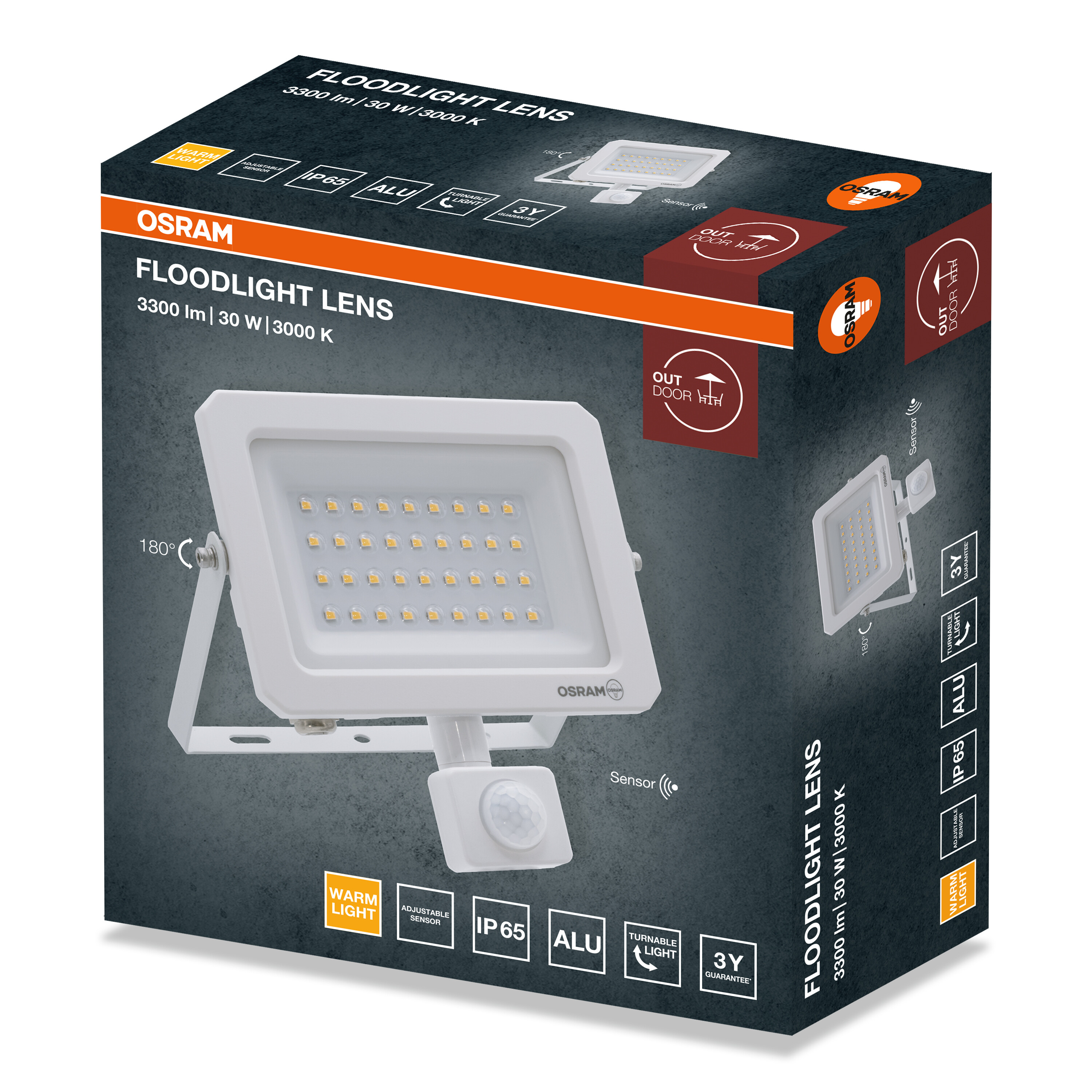 Csomagolódoboz Osram Floodlight Lens számára, termékképpel, műszaki adatokkal és funkciókkal sötét háttéren.