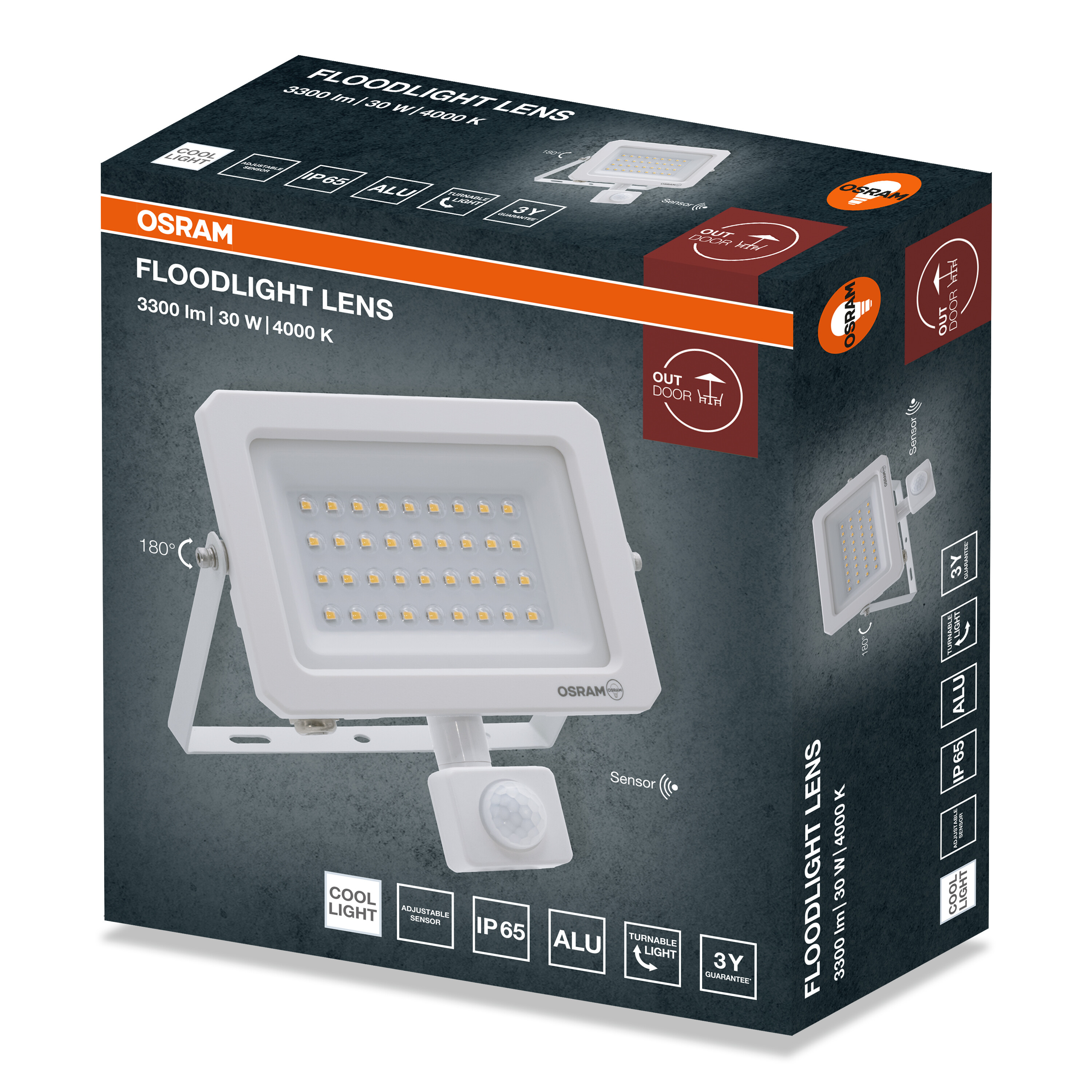 Osram Floodlight Lens 30W LED fényszóró termékcsomagolás képpel és részletekkel.