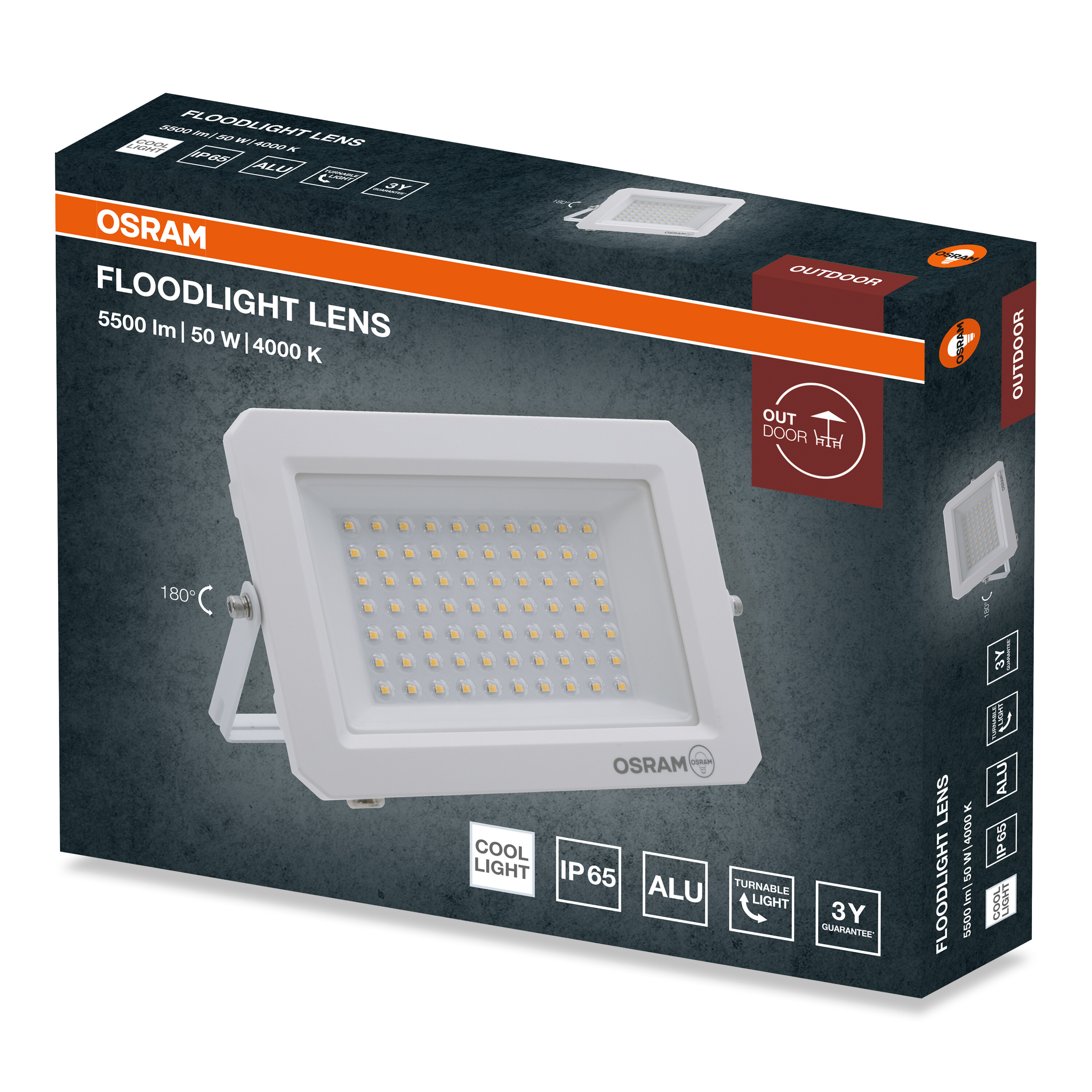 Fehér Osram LED fényvető csomagolása, 50W, 5500lm, 4000K, kültéri használatra.