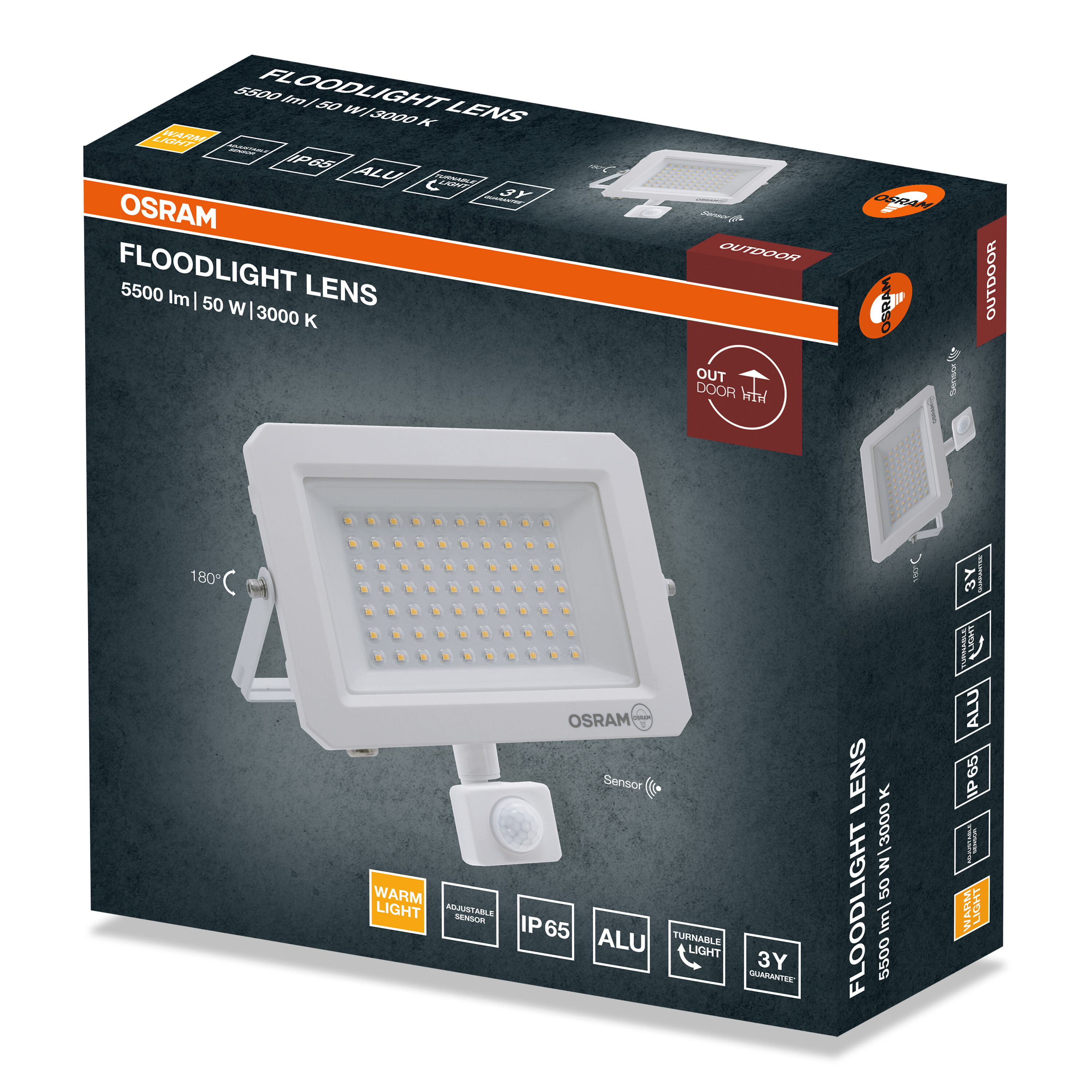 Egy fehér Osram Floodlight Lens 50W-os LED-es fényvető csomagolása mozgásérzékelővel és műszaki adatokkal.