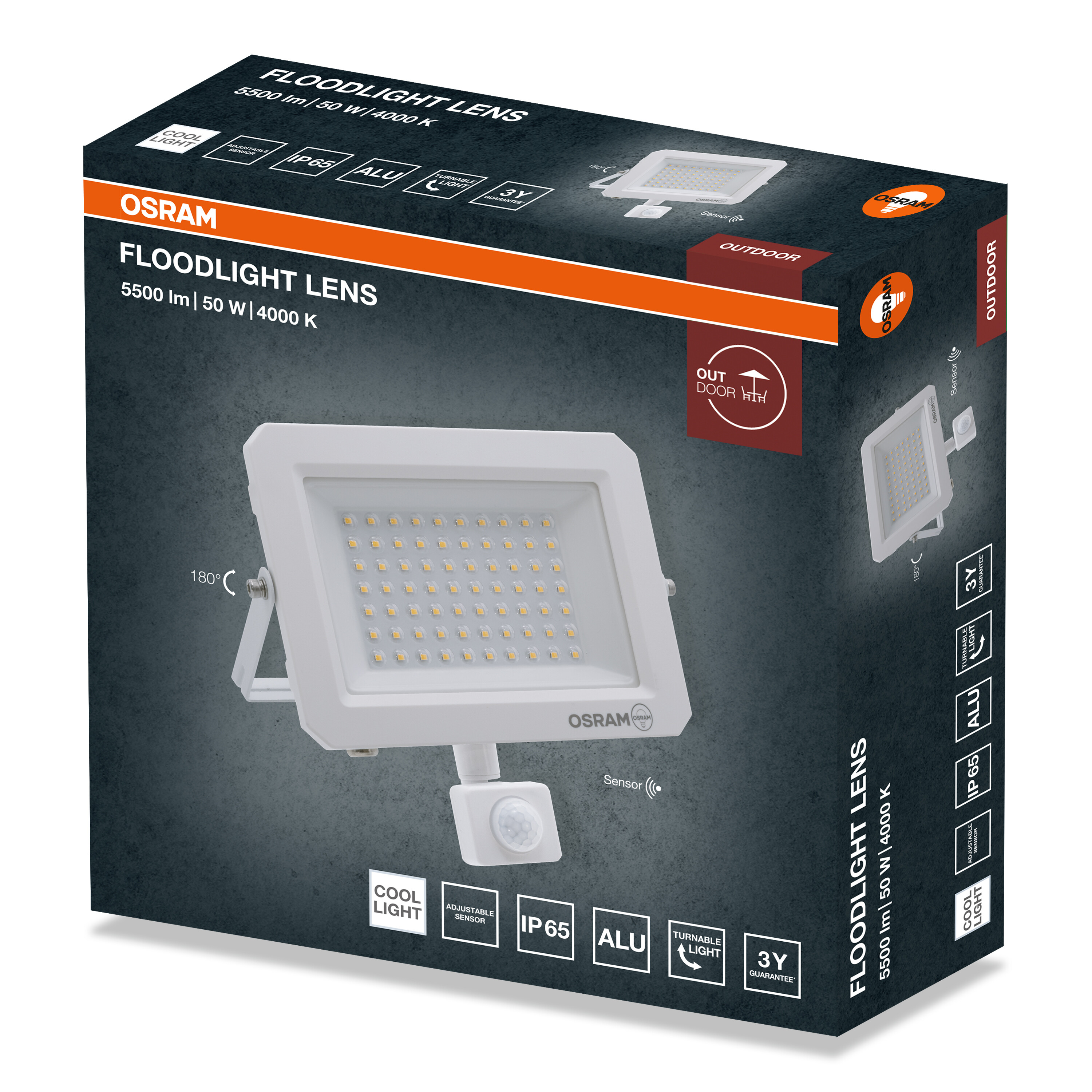 Osram Floodlight Lens csomagolás fehér LED fényvetővel és mozgásérzékelővel sötét háttéren.