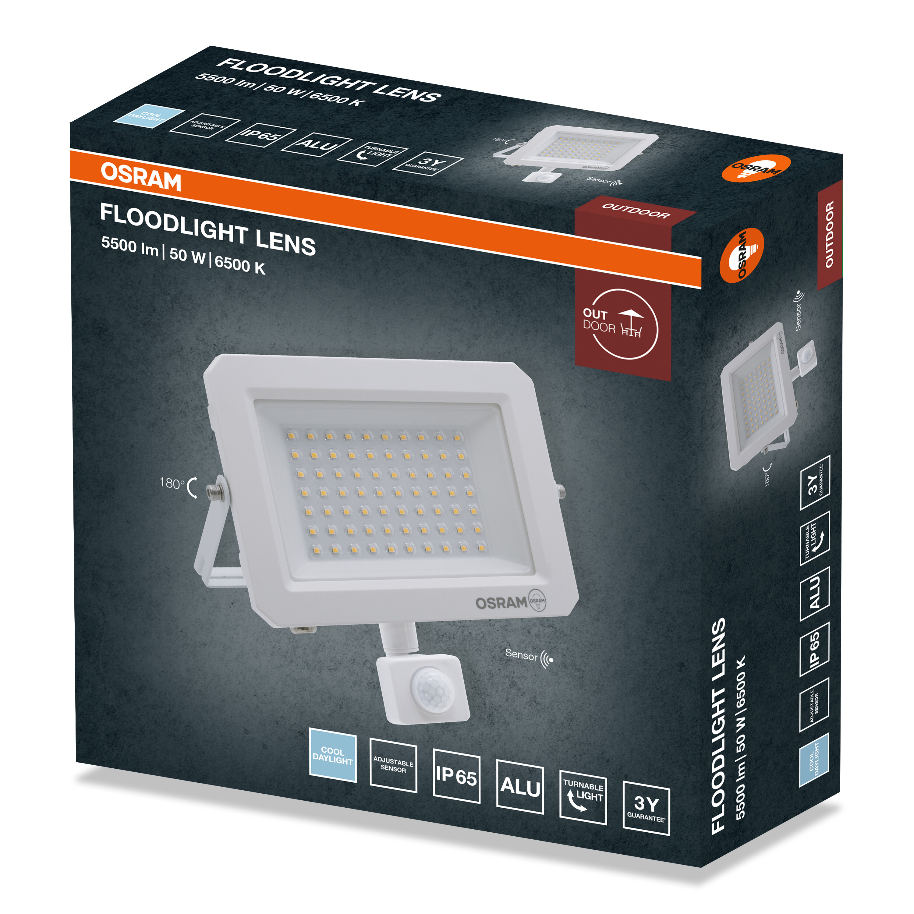 Csomagolás egy fehér Osram LED reflektorhoz, mozgásérzékelővel és műszaki adatokkal.
