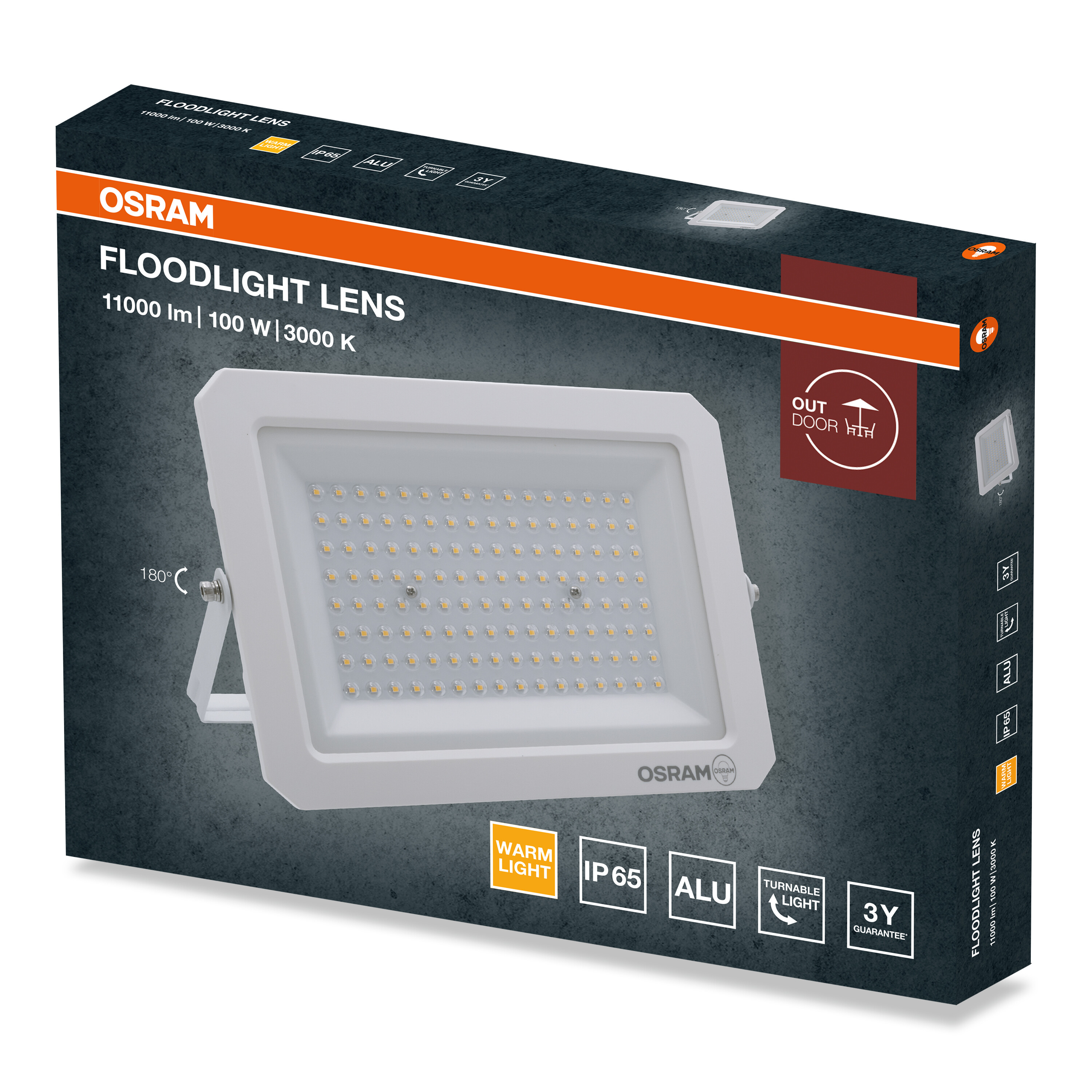 Fehér Osram LED-es reflektor csomagolása specifikációkkal és ikonokkal.