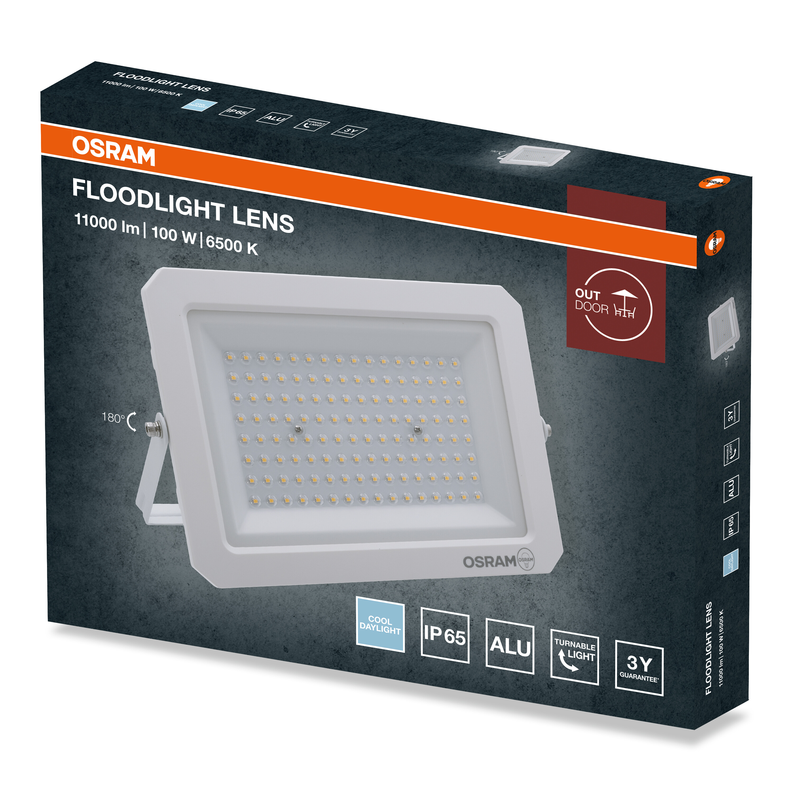 Fehér Osram LED fényvető csomagolása 11000 lm, 100 W, 6500 K adatokkal és IP65, garancia ikonokkal.