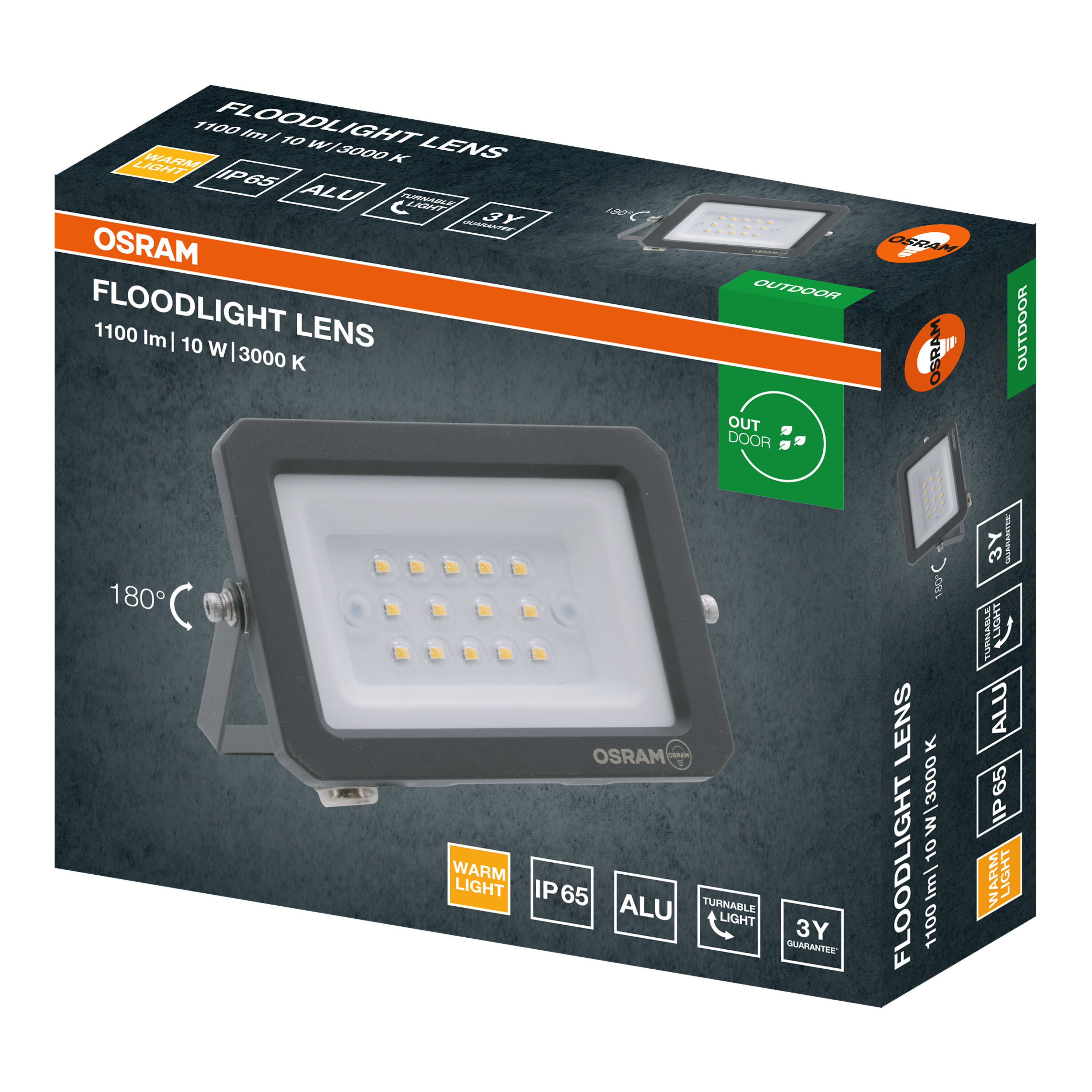 Osram Floodlight Lens csomagolás fekete LED reflektorral és termékjellemzőkkel.
