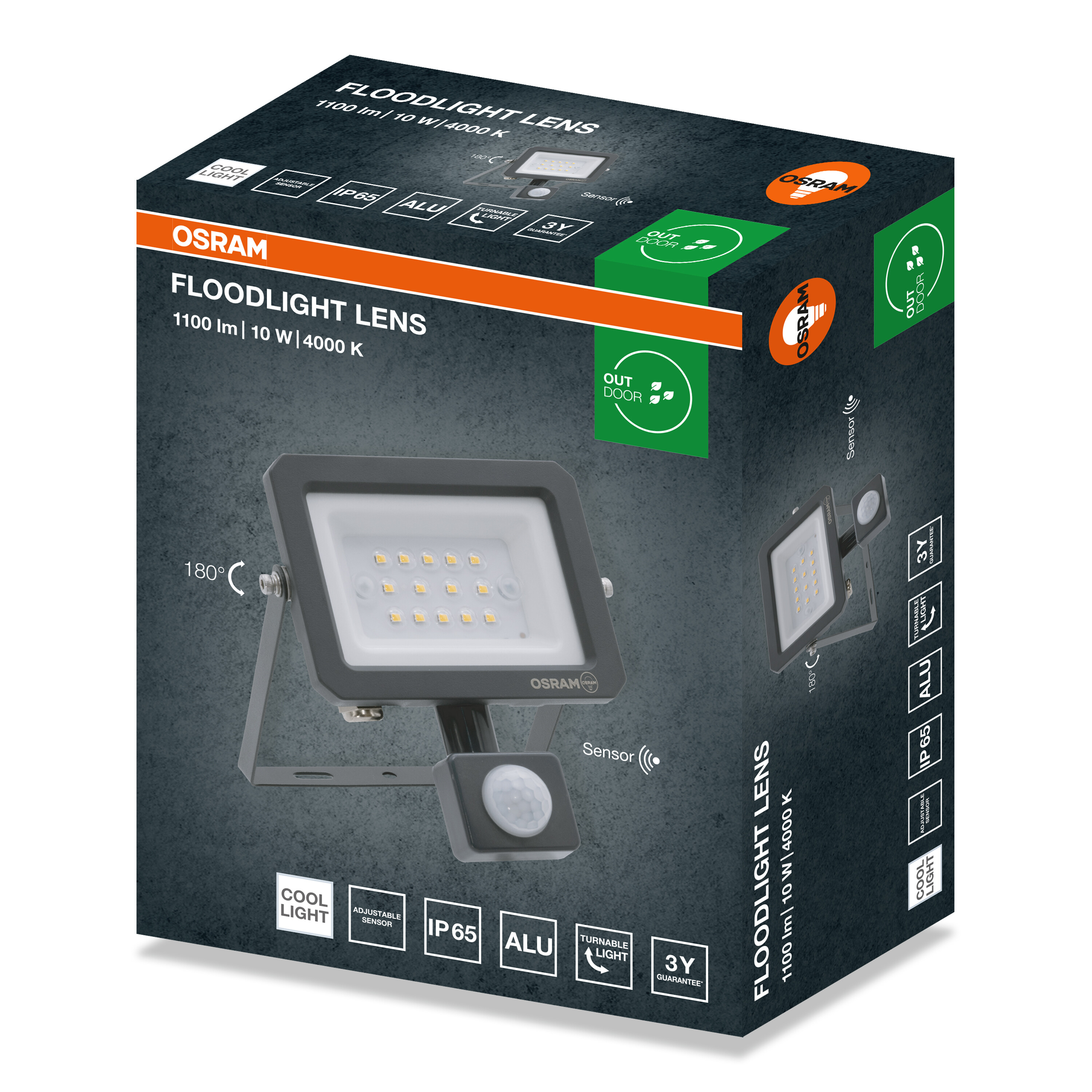 OSRAM Floodlight Lens csomagolás 10W-os, 4000K-es LED reflektorral, IP65 védettséggel és mozgásérzékelővel szürkén.