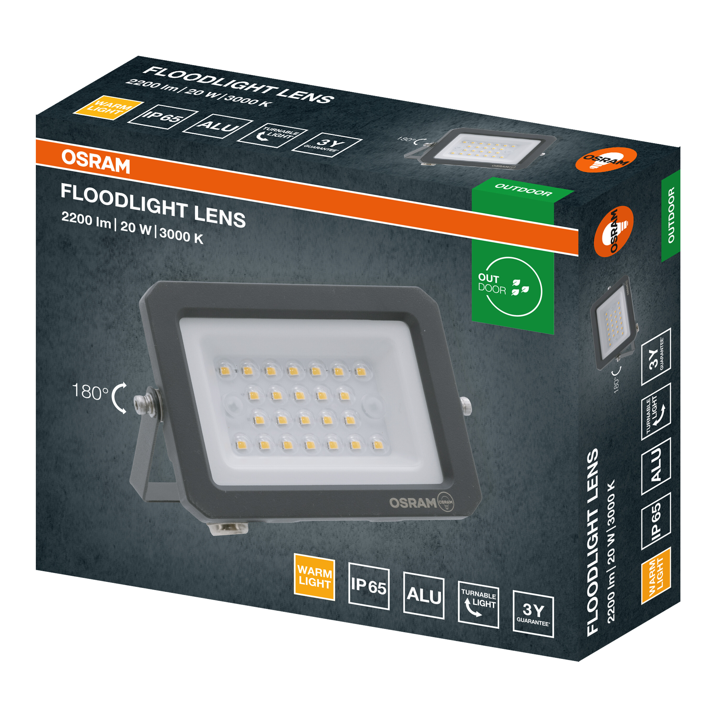 Osram LED fényvető lencse csomagolása, a termékkel, specifikációkkal és jellemzőkkel sötét háttér előtt.