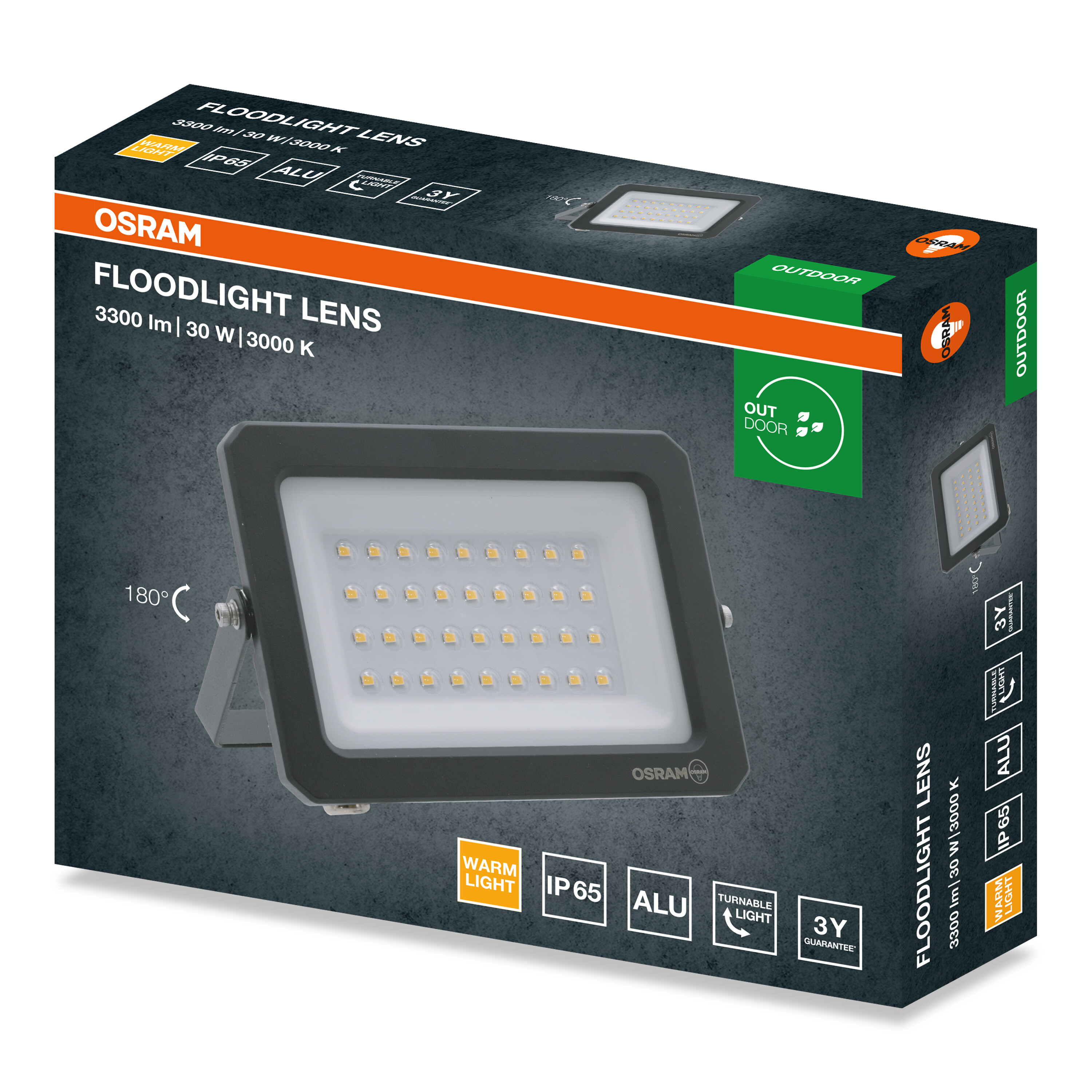 Osram Floodlight Lens termékdoboz LED reflektorral, 30W, meleg fény és IP65 védelem.