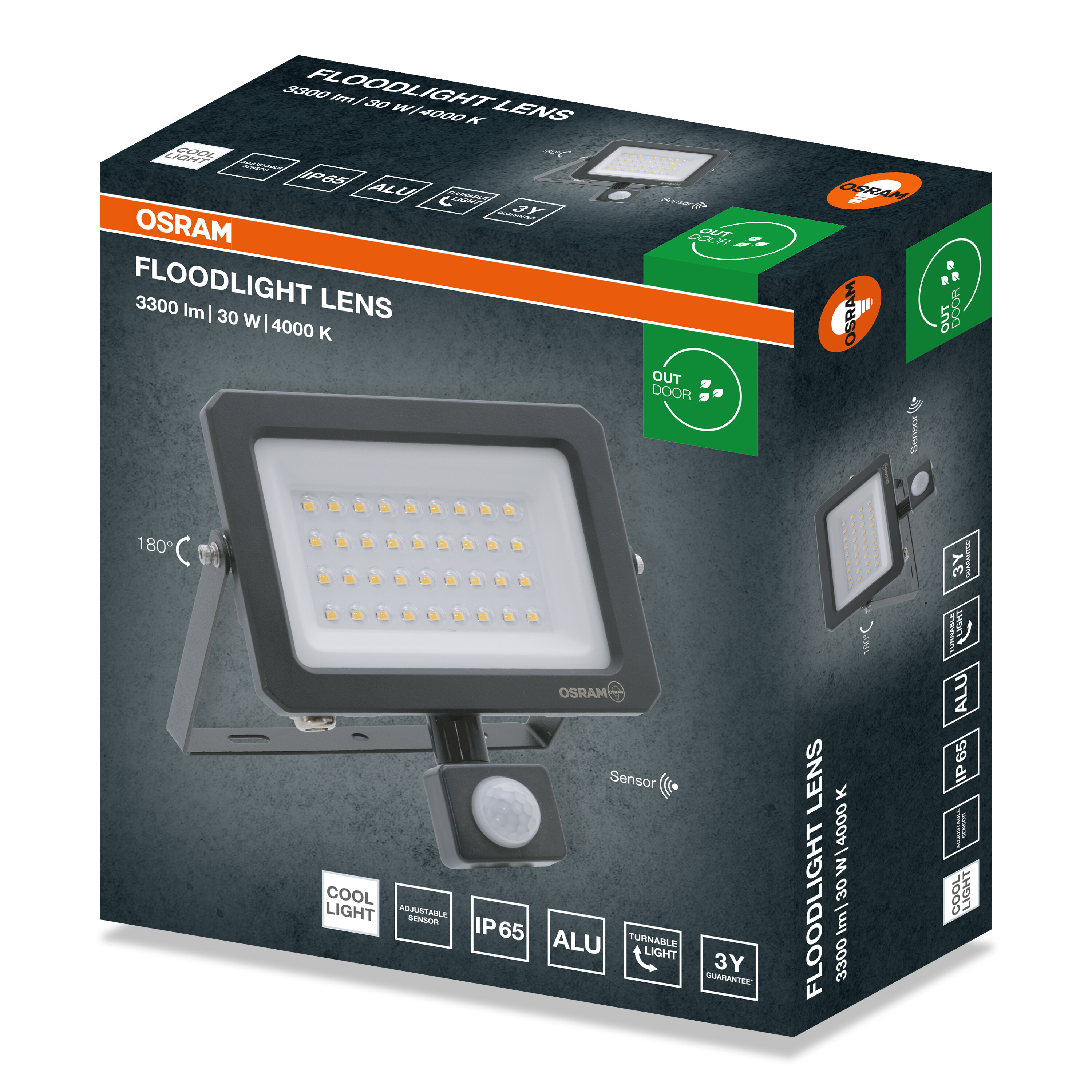 Osram LED reflektor csomagolása érzékelővel, sötétszürke háttérrel, zöld és narancssárga elemekkel.
