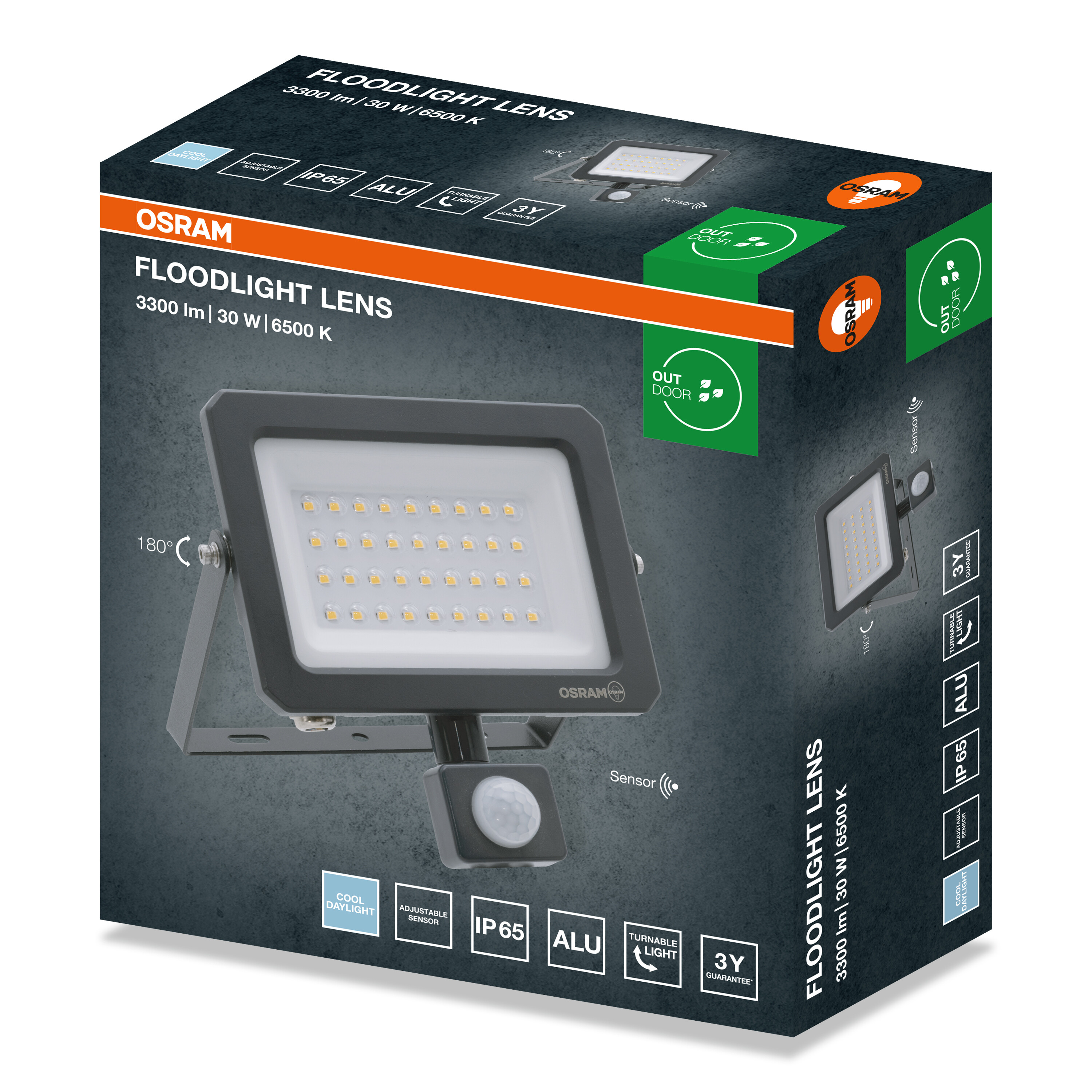 Csomagdoboz Osram LED reflektorhoz szenzorral sötétszürke háttéren, termékinformációkkal.