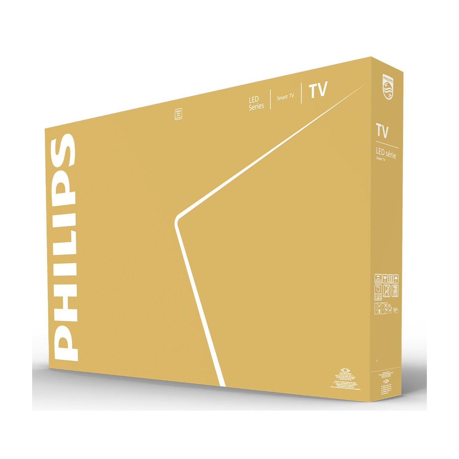 Scatola di imballaggio TV Philips gialla con logo del marchio e icone tecniche su sfondo bianco.