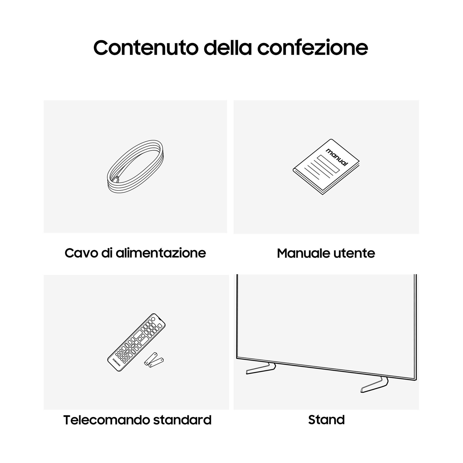 Diagramma con il contenuto della confezione: cavo di alimentazione, manuale, telecomando e stand.
