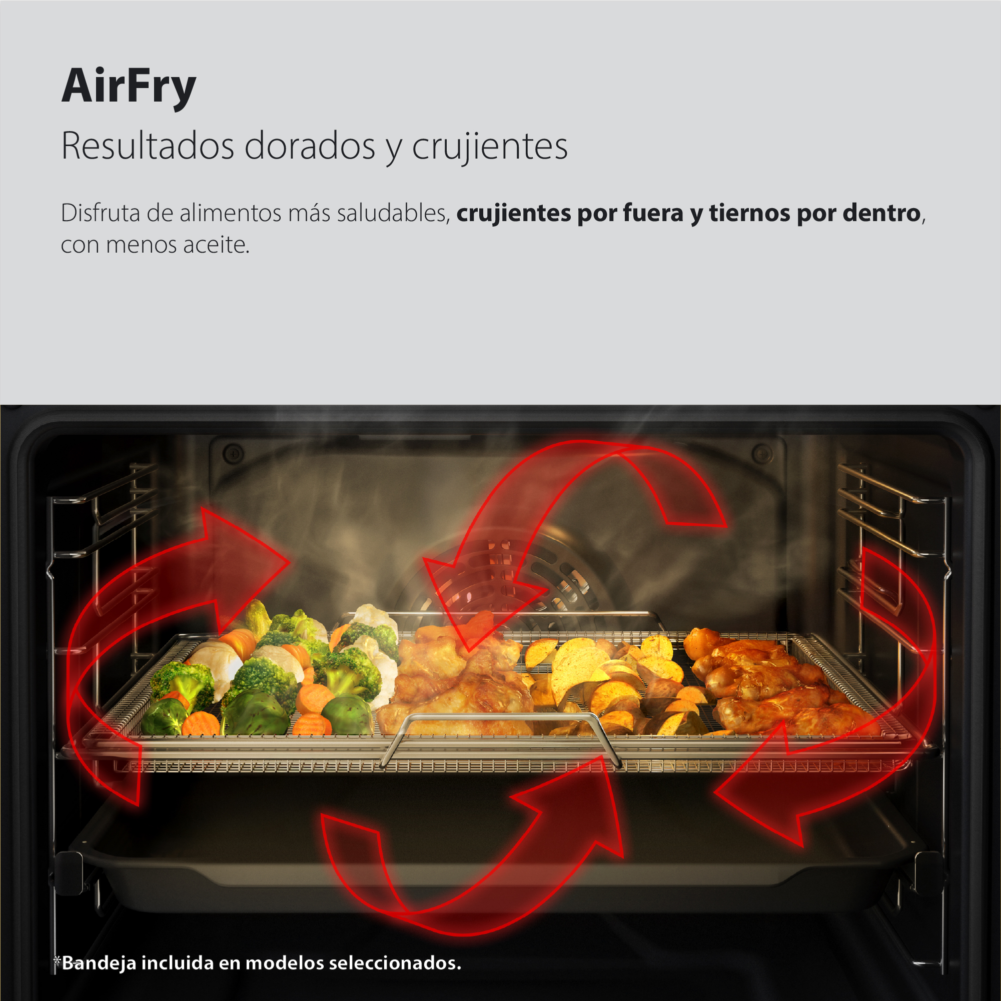 Un horno con función AirFry cocinando verduras y pollo en una rejilla con calor circulante.
