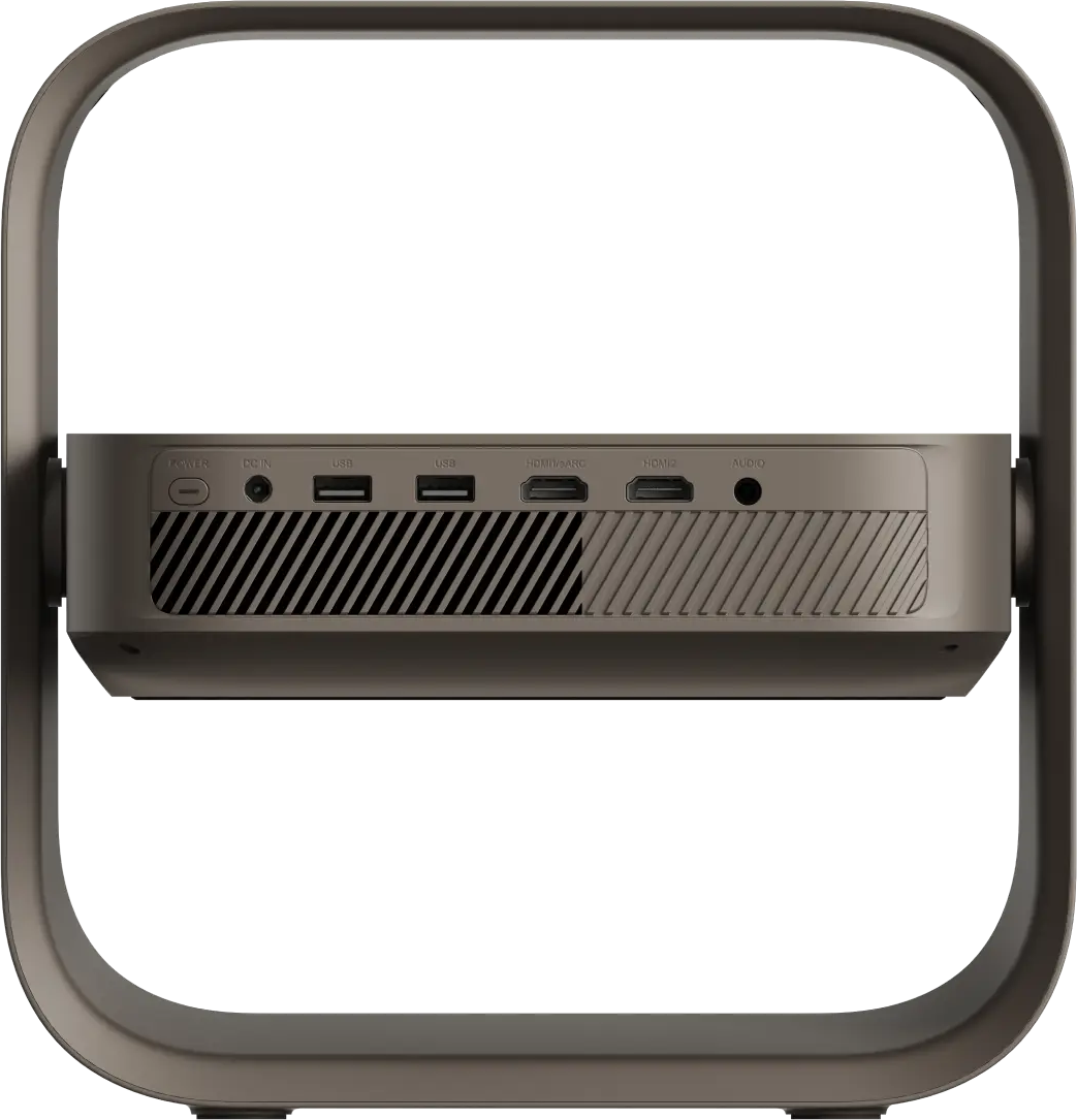 Egy barna elektronikus eszköz hátlapja különböző csatlakozókkal, mint USB, HDMI és audio.