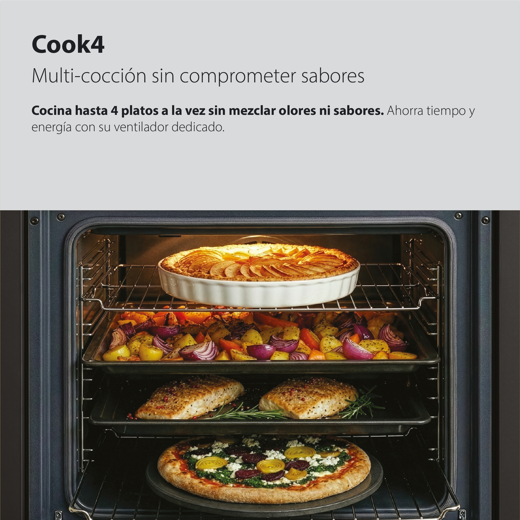 Un horno cocinando cuatro platos simultáneamente en diferentes niveles.