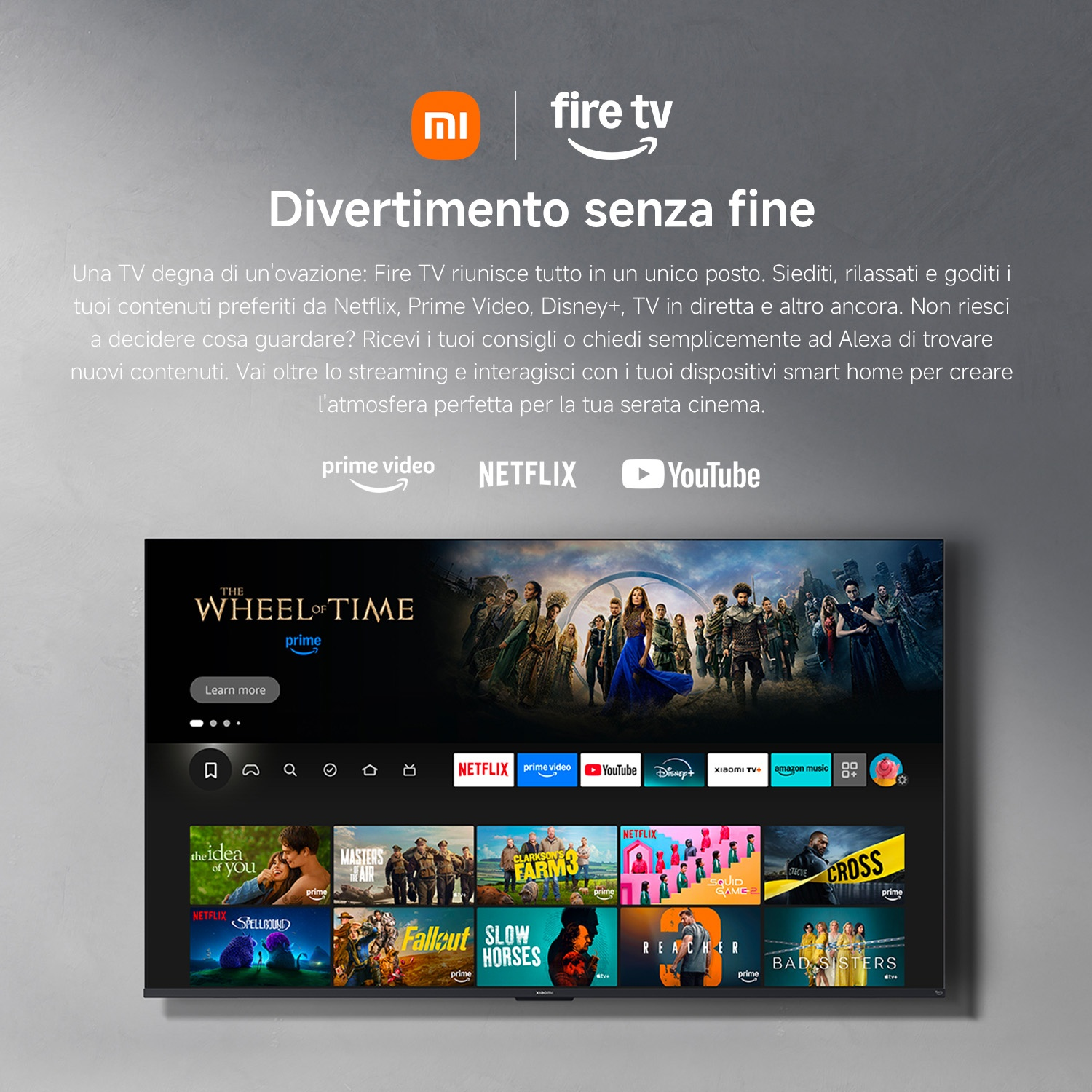 Pubblicità di Xiaomi Fire TV con loghi di app e interfaccia di streaming.