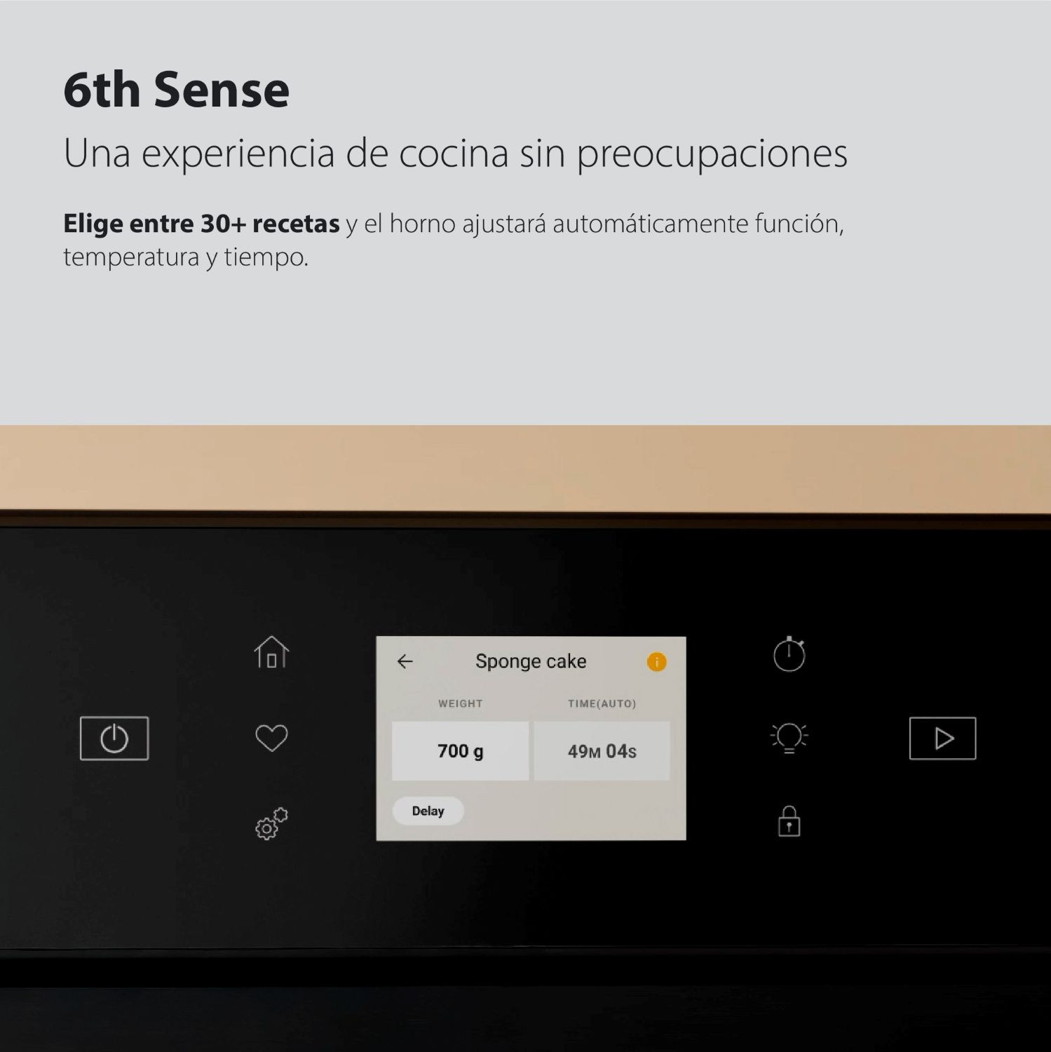 Panel de control del horno con Bizcocho, 700g de peso y 49m 04s de tiempo.