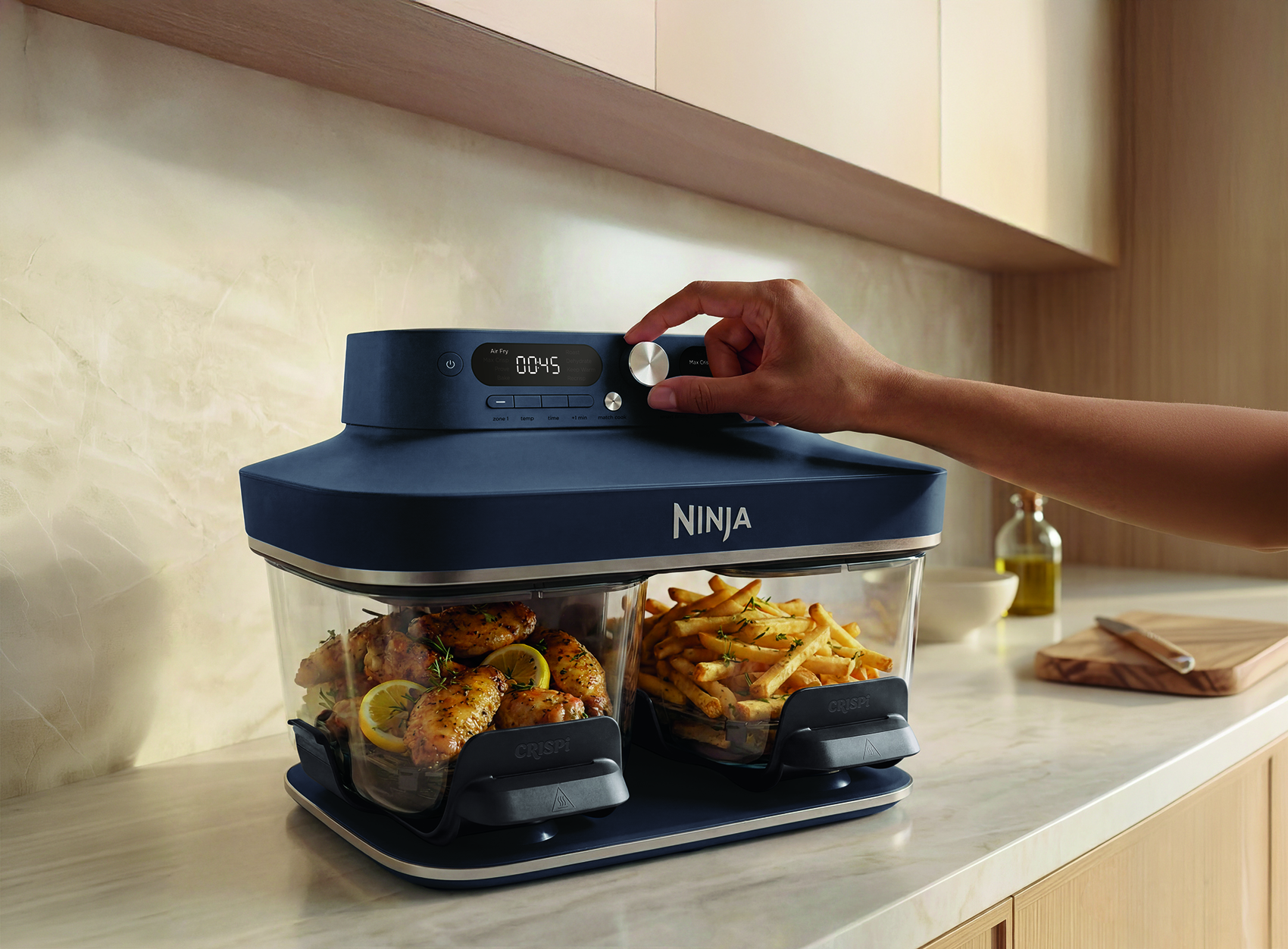 Freidora de aire - Ninja CRISPi DualZone, 2 recipientes de 3.8 l, 2860 W, 240 °C, Azul oscuro metalizado