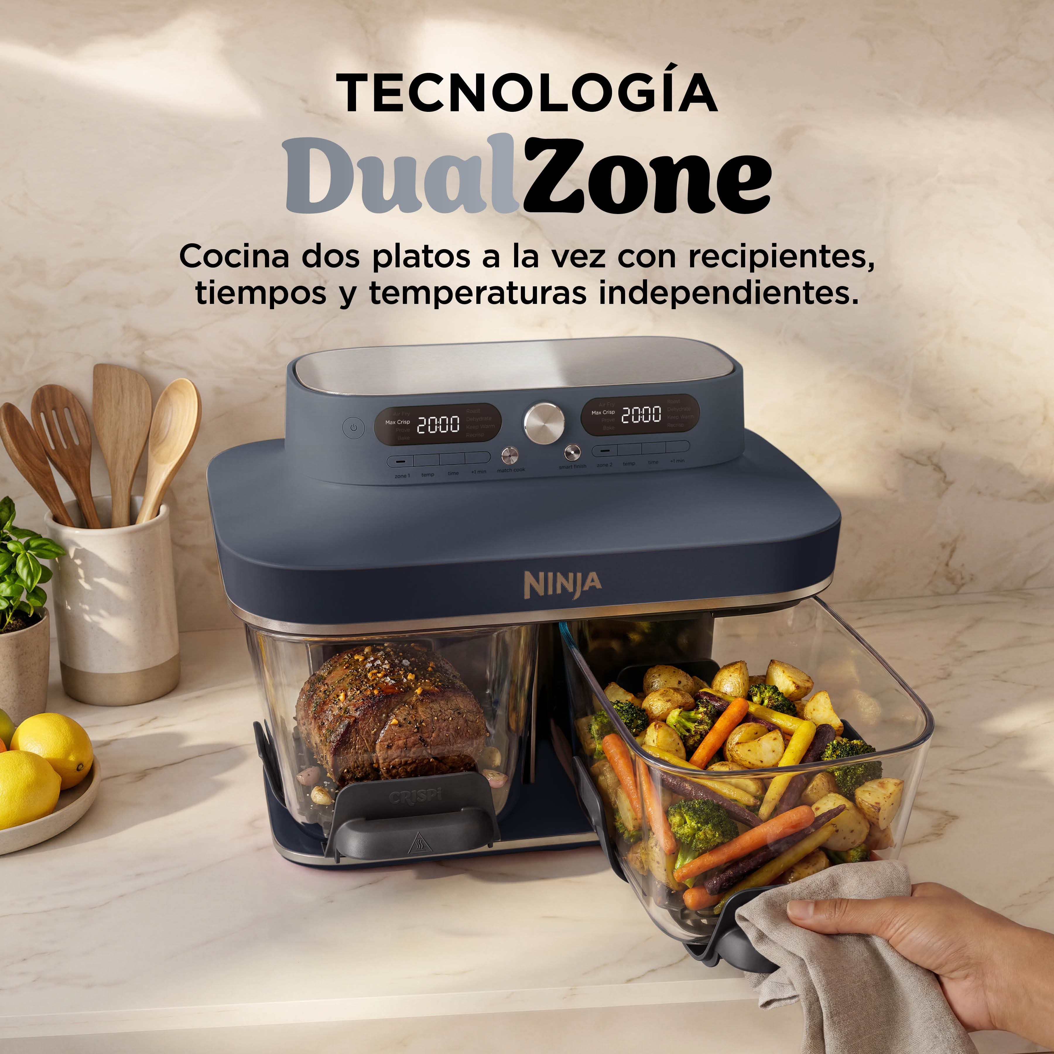 Freidora de aire - Ninja CRISPi DualZone, 2 recipientes de 3.8 l, 2860 W, 240 °C, Azul oscuro metalizado