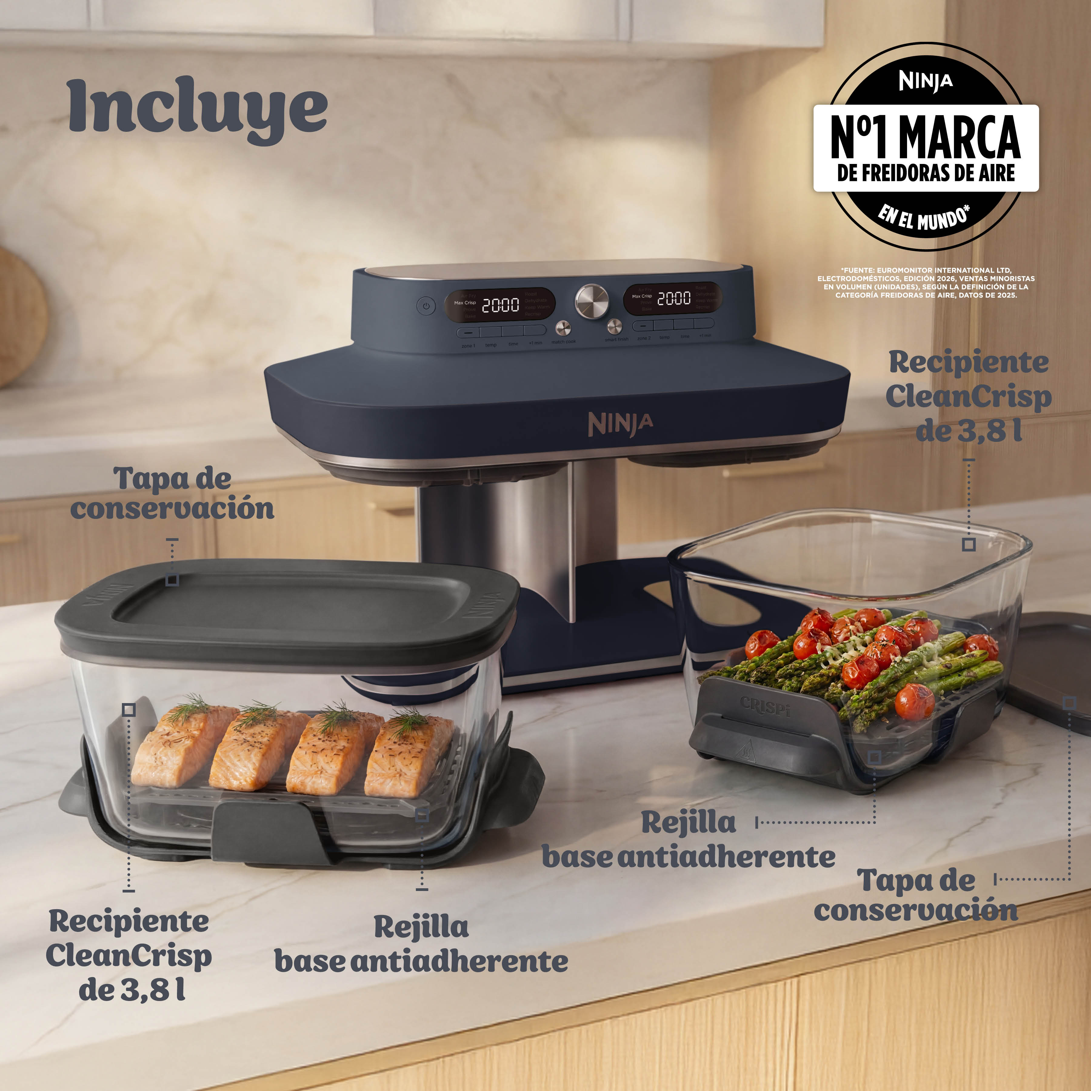 Freidora de aire - Ninja CRISPi DualZone, 2 recipientes de 3.8 l, 2860 W, 240 °C, Azul oscuro metalizado