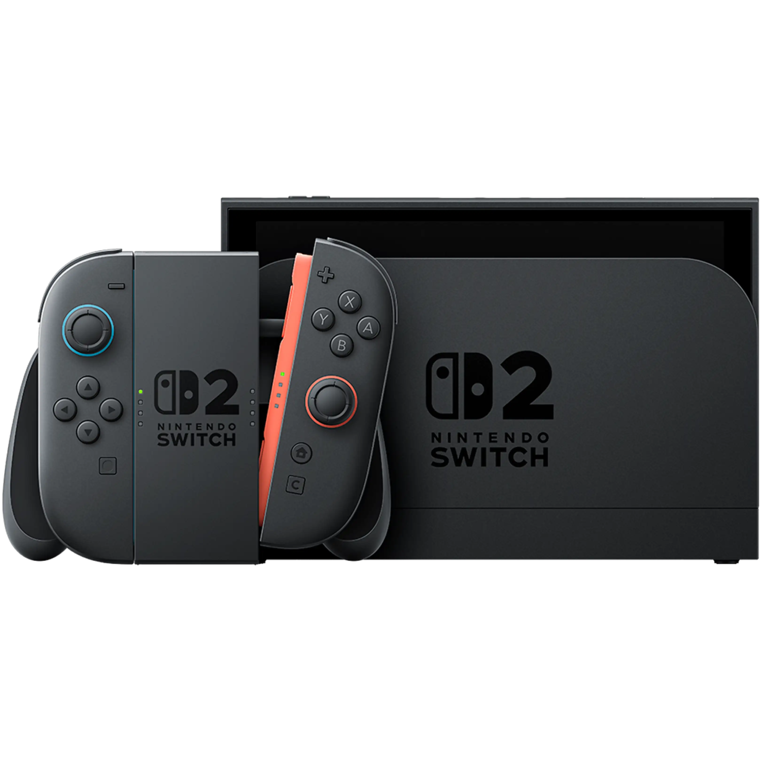 Consola Nintendo Switch negra con base y mandos sobre fondo negro.