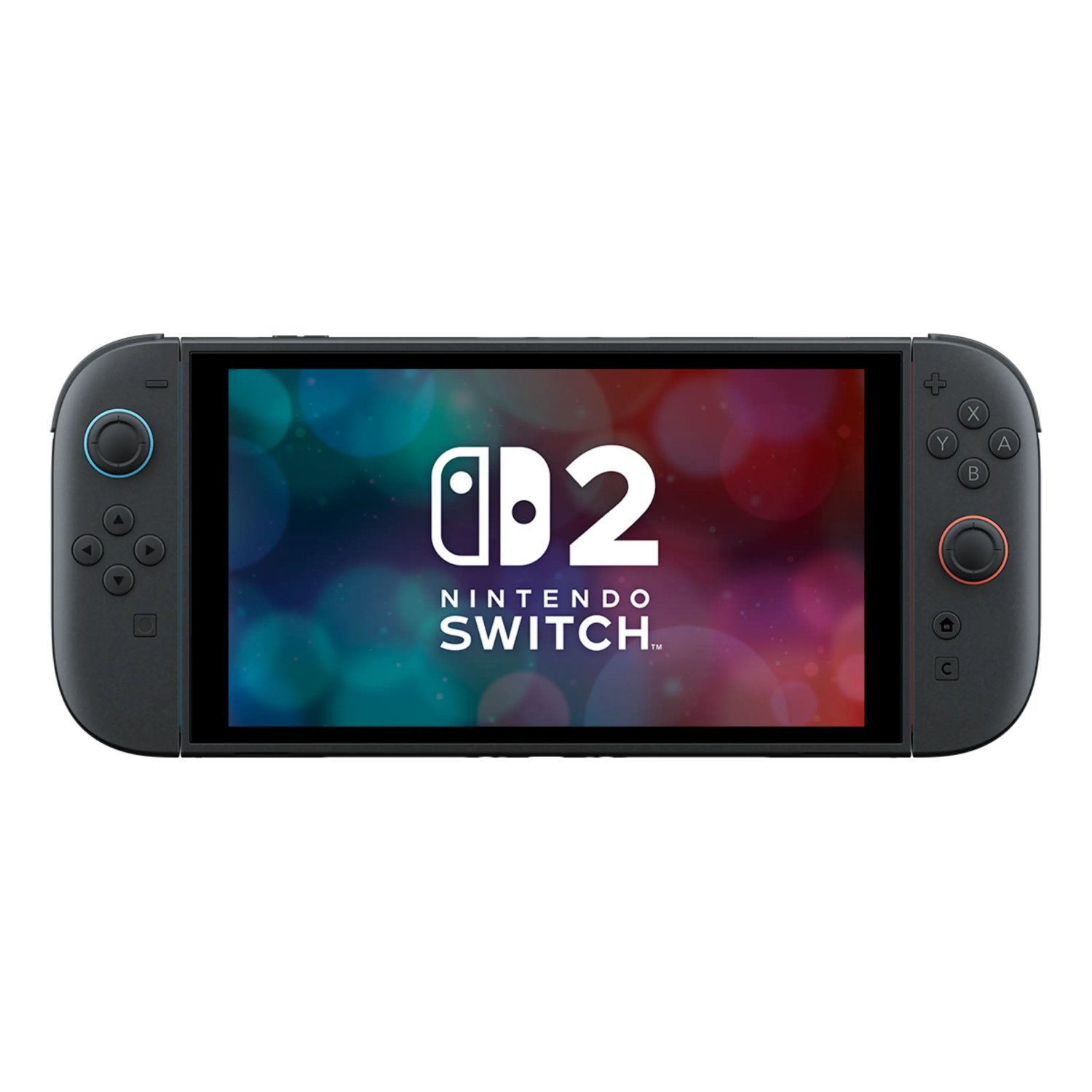 Una consola Nintendo Switch 2 negra sobre fondo oscuro con pantalla colorida.