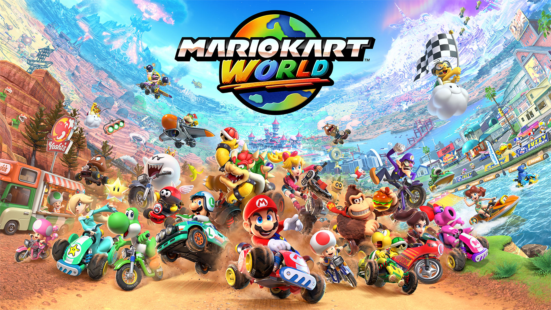 Logotipo de Mario Kart World sobre fondo colorido con Mario y varios personajes.