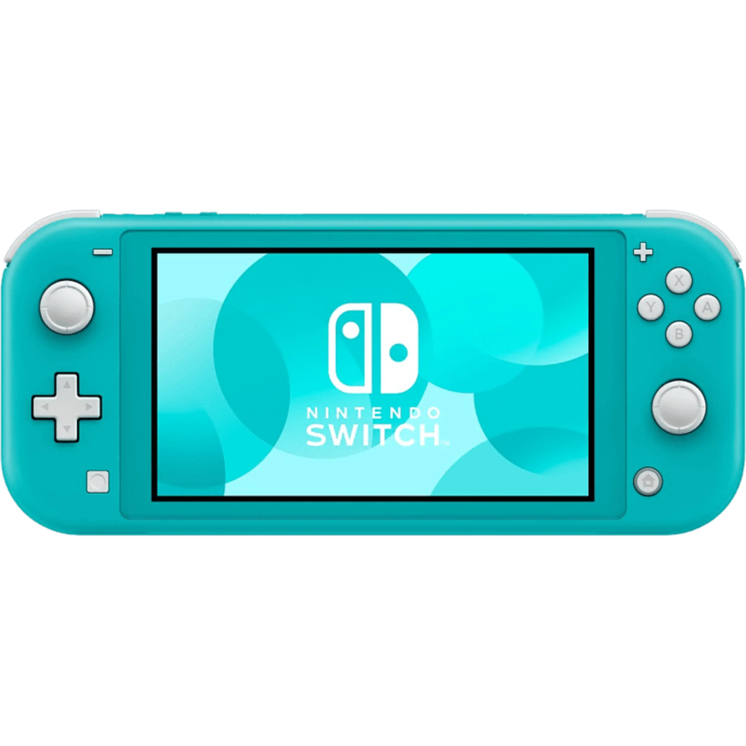 Consola Nintendo Switch Lite de color turquesa con cruceta y botones blancos sobre fondo negro.