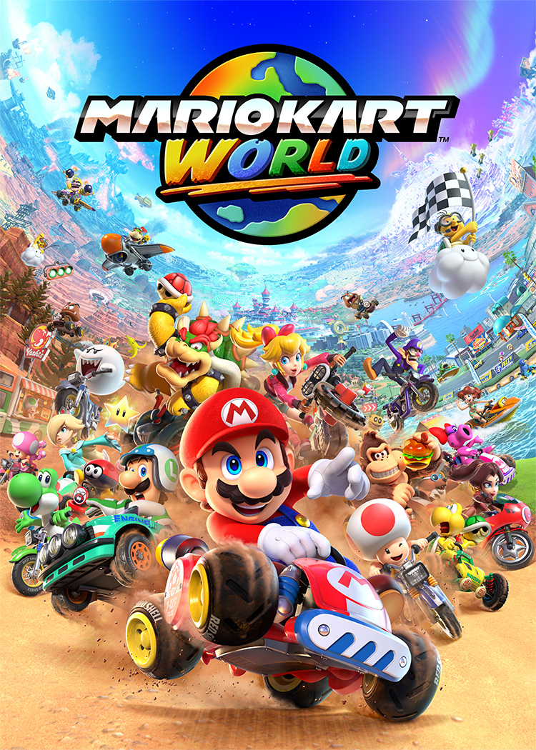 Mario y otros personajes conducen karts y motos coloridos por un mundo detallado.