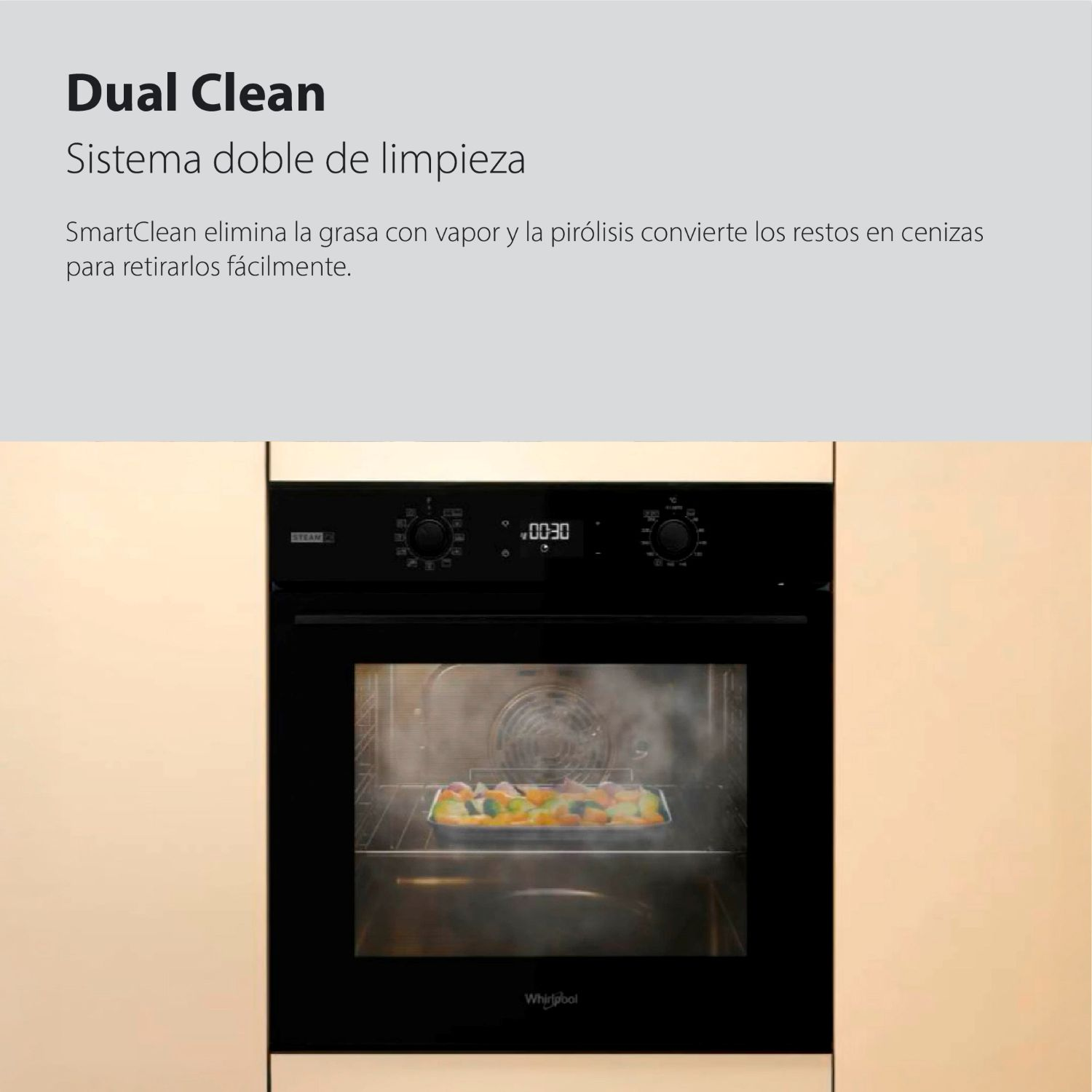 Un horno negro empotrado con verduras dentro, vapor y el texto Dual Clean arriba.