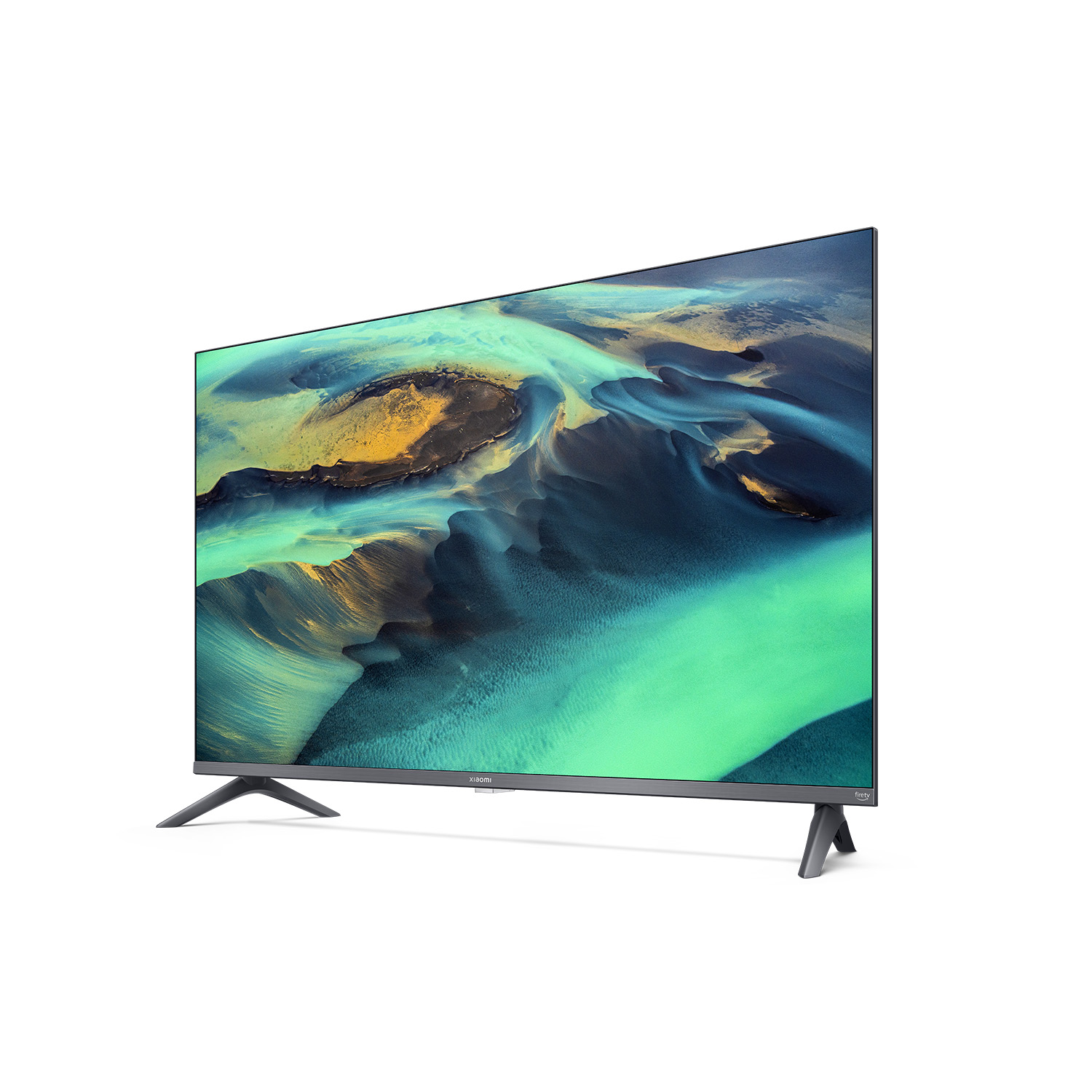 Un'elegante TV Xiaomi mostra opere d'arte astratte blu e gialle sullo schermo su sfondo bianco.