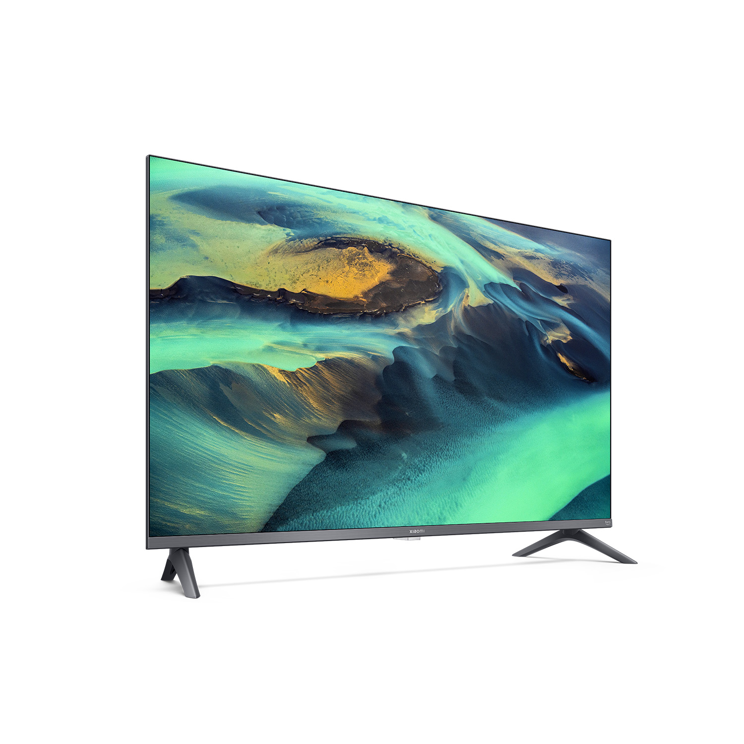Una moderna TV a schermo piatto mostra un vivace paesaggio astratto blu e giallo.