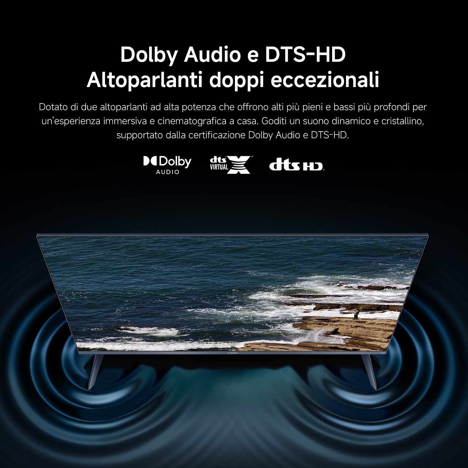 Una TV con certificazione Dolby Audio e DTS-HD e onde sonore grafiche.