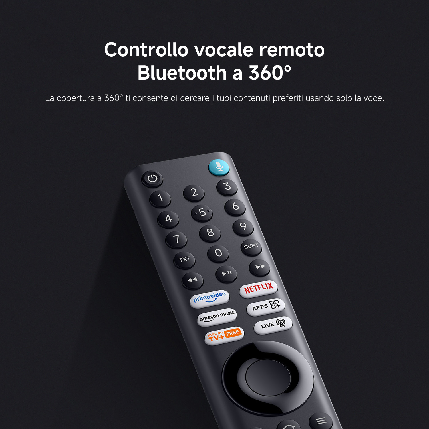 Telecomando Bluetooth nero con pulsanti per servizi di streaming su sfondo scuro.
