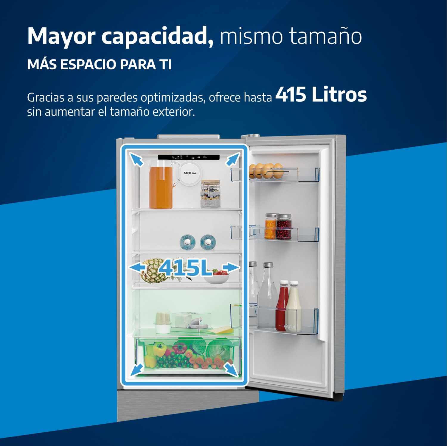 Frigorífico plateado abierto con estantes llenos de comida y un indicador de 415L.