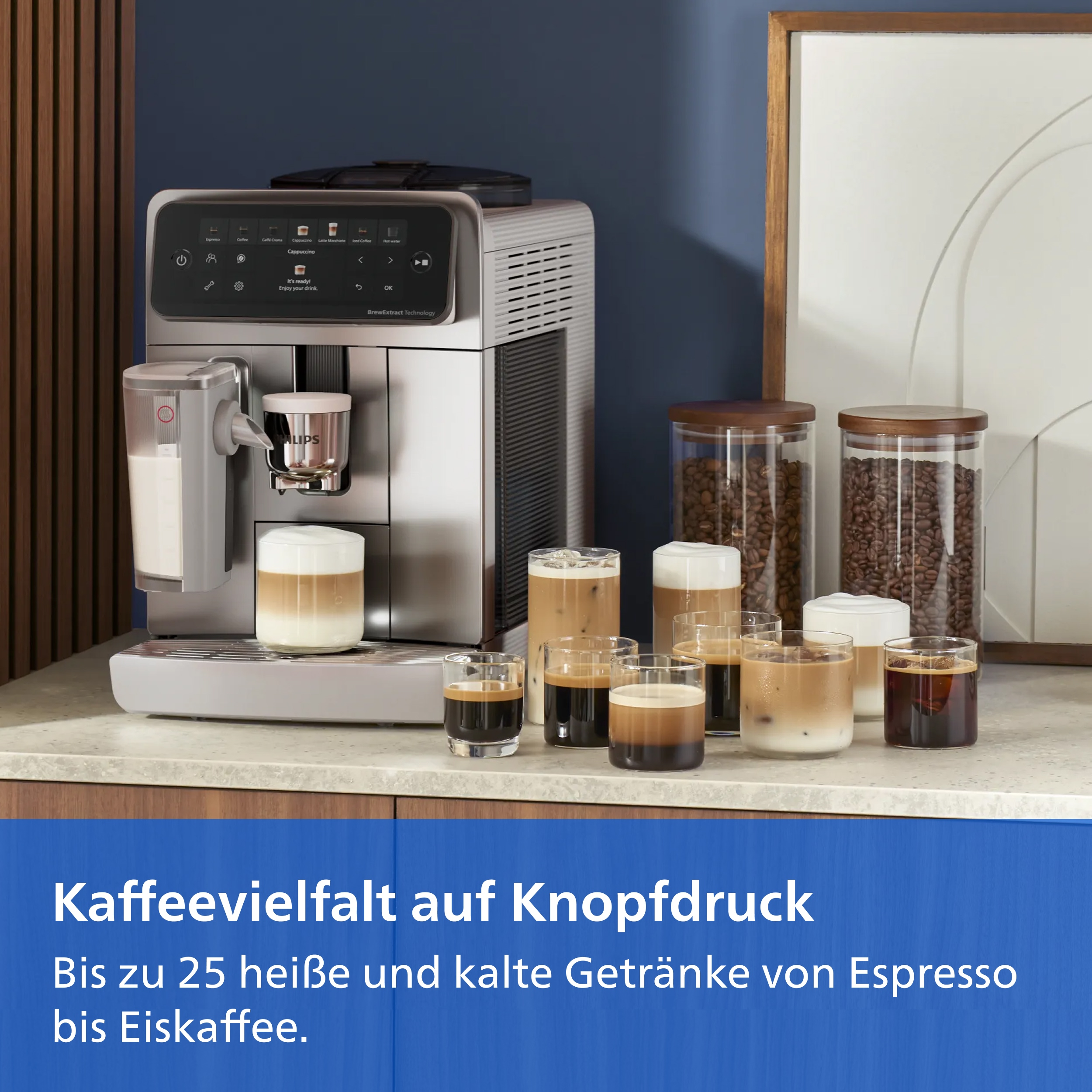 Moderne Kaffeemaschine auf einer Theke mit Kaffeegläsern und Bohnenbehältern.