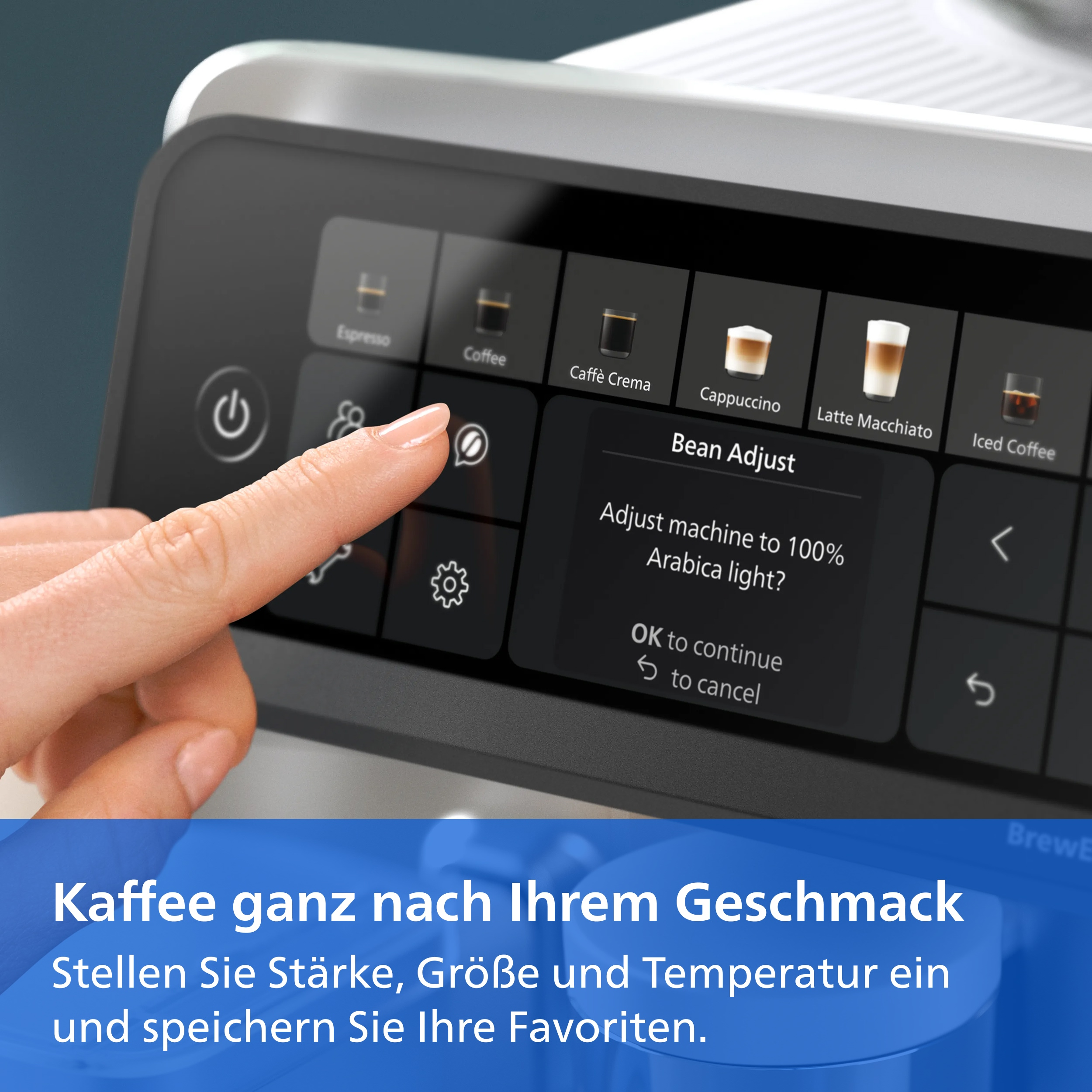 Ein Finger berührt das Display eines Kaffeevollautomaten mit Bohnen- und Getränkeauswahl.