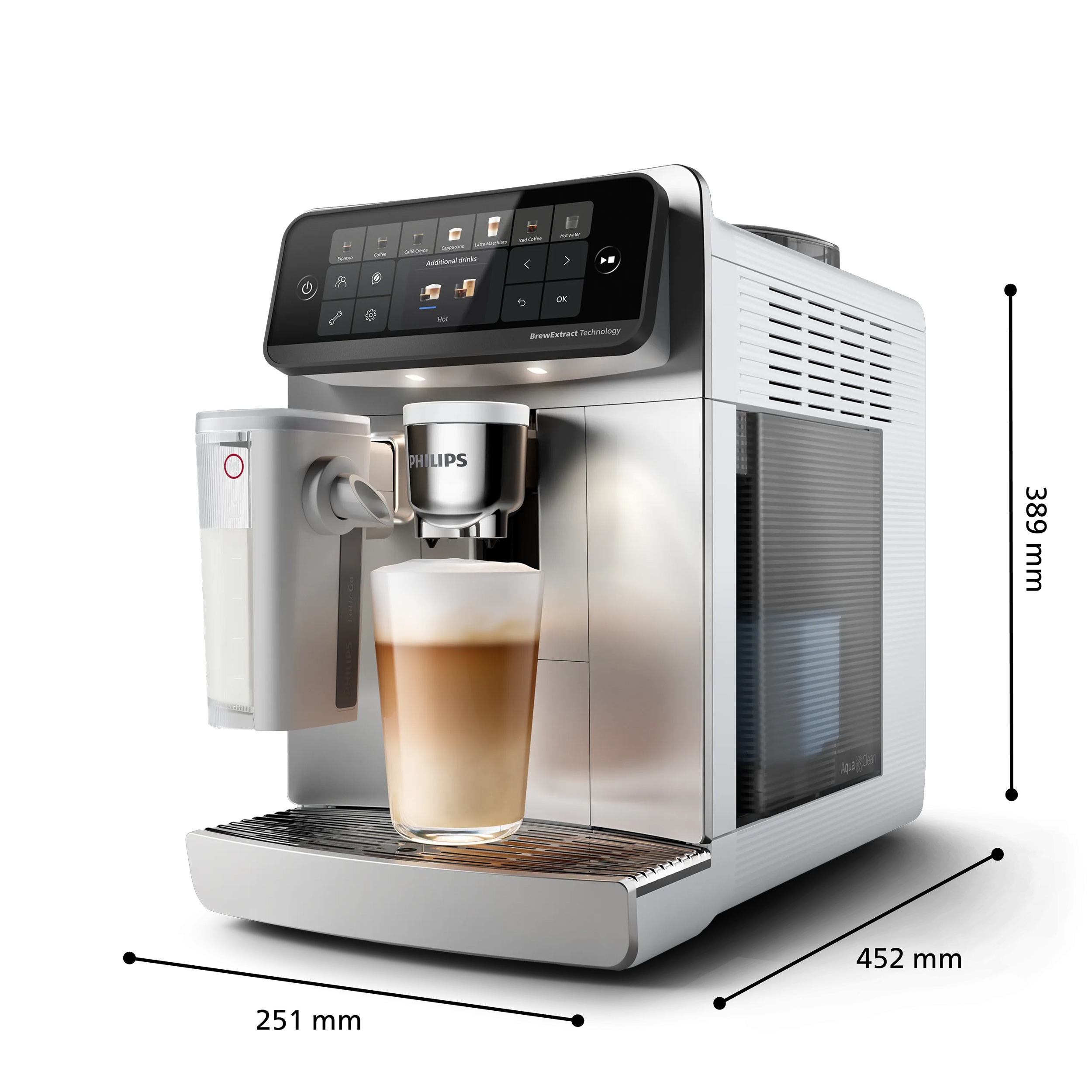 Moderne weiße und silberne Philips Kaffeemaschine mit digitalem Touch-Display, Milchkaraffe und Latte Macchiato.