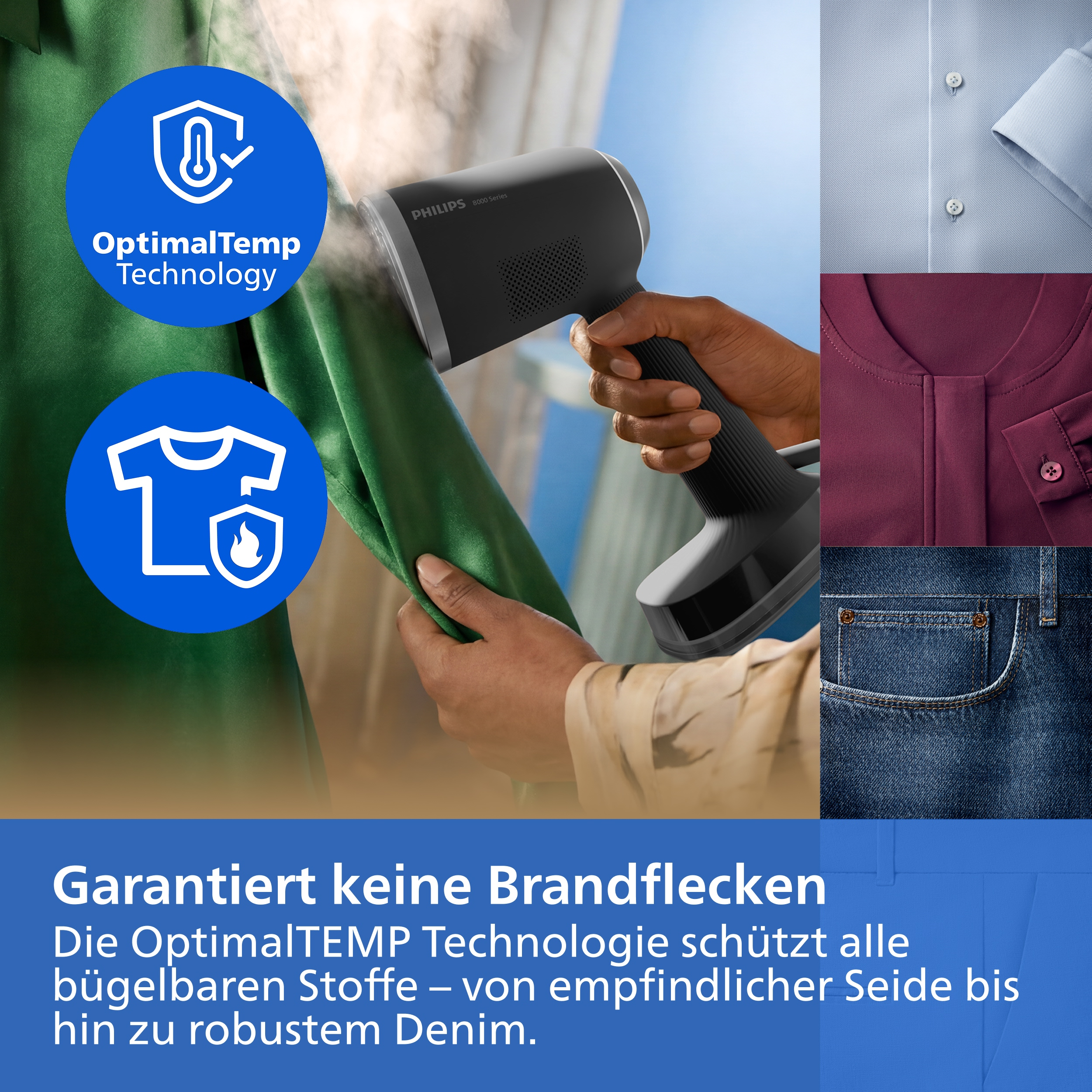 Hand hält Philips Dampfglätter an grünem Stoff, mit blauen Technologie-Symbolen und verschiedenen Textilien.