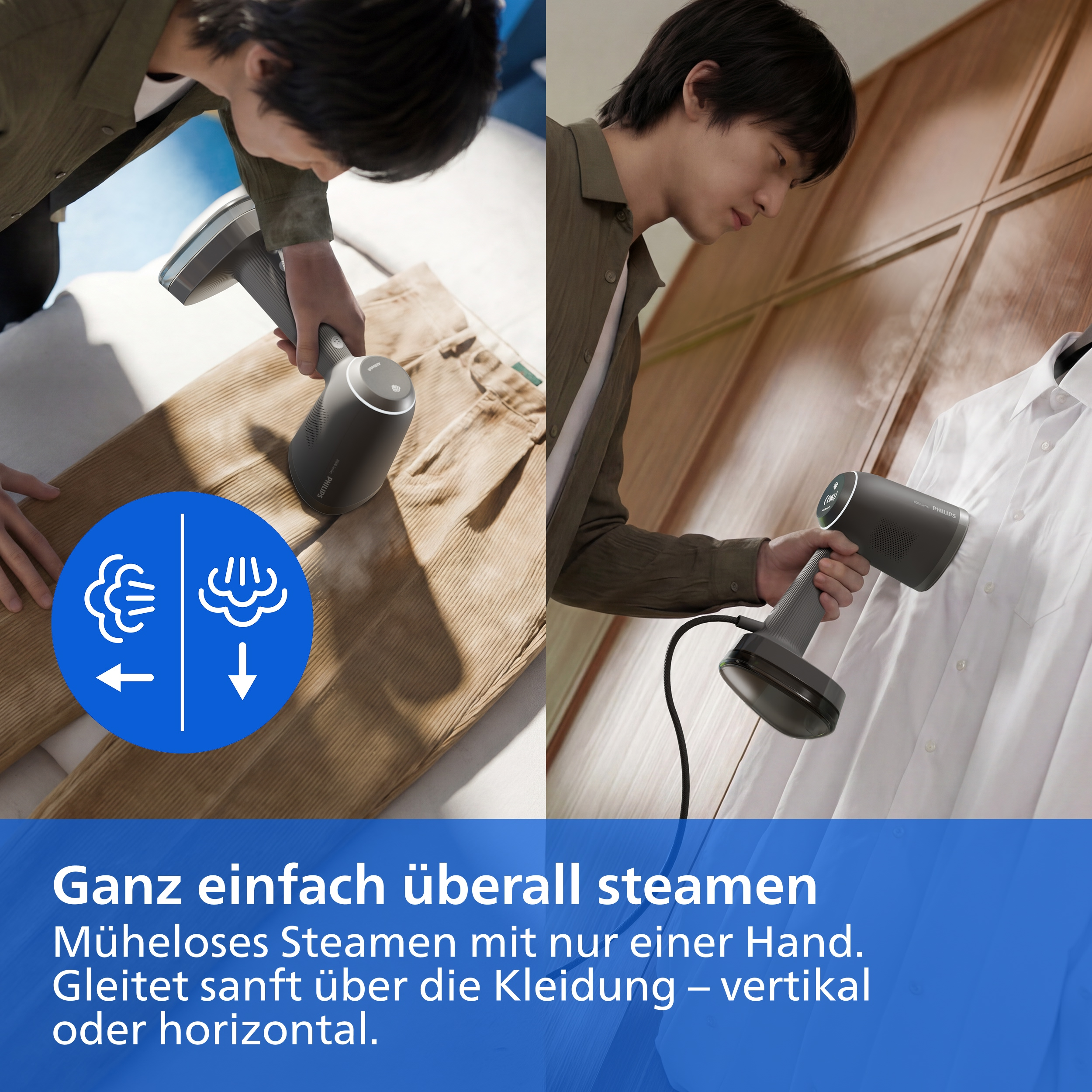 Ein Mann nutzt einen grauen Handsteamer vertikal und horizontal, um Kleidung zu glätten.