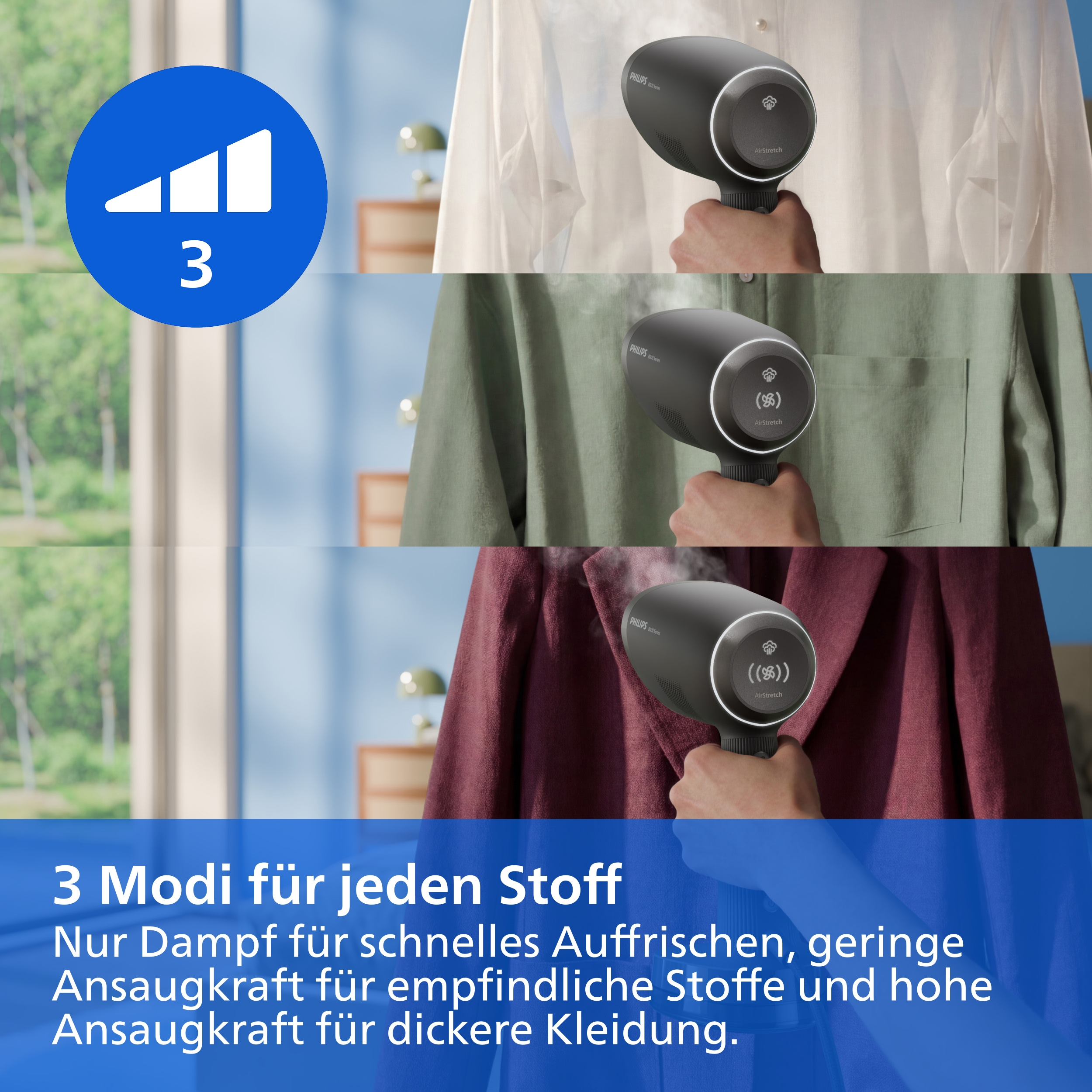 Drei Modi für jeden Stoff mit einem Philips Handdampfgarer an verschiedenen Kleidungsstücken.
